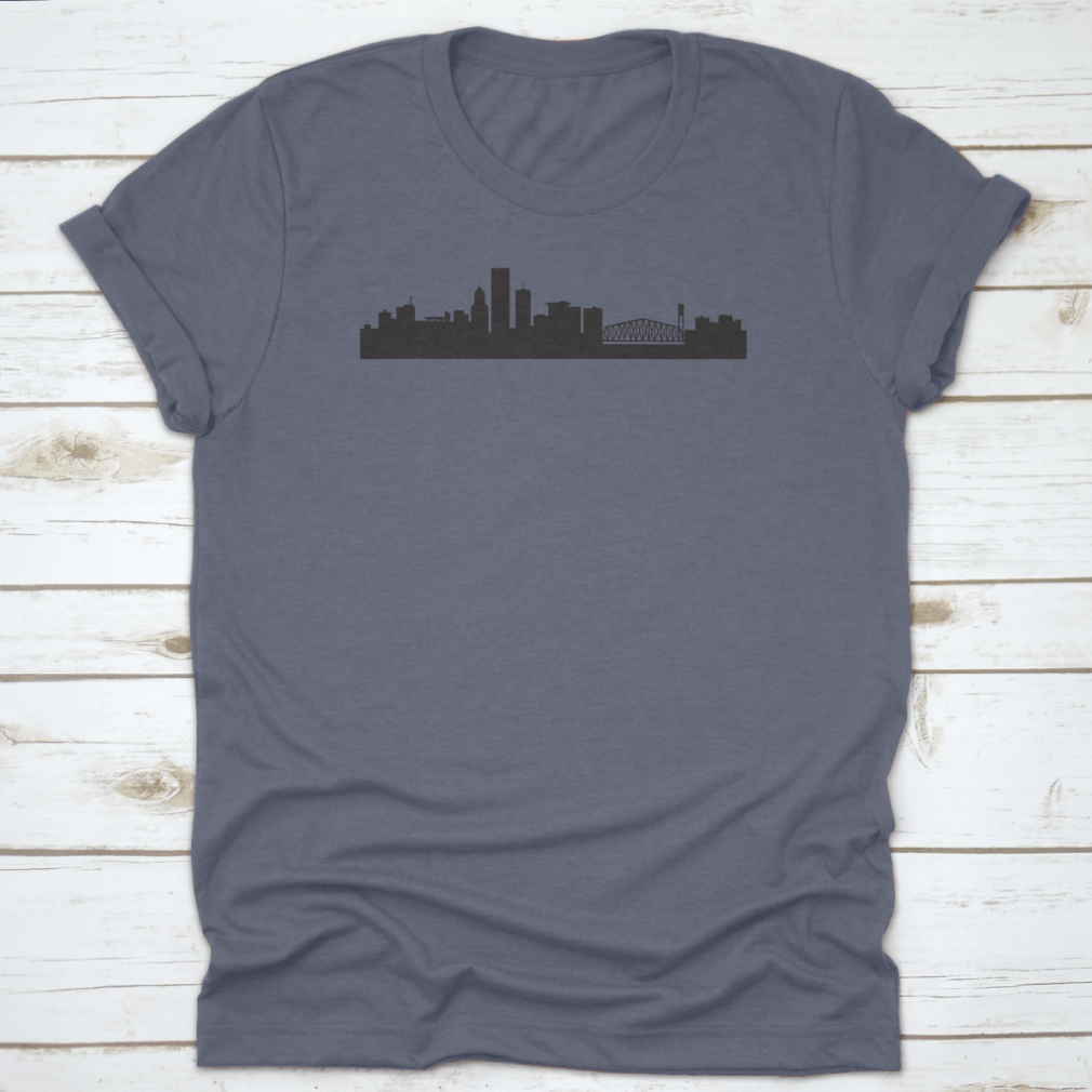 A stylish t-shirt featuring the Morning Portland Oregon City Skyline design, made from soft cotton fabric.