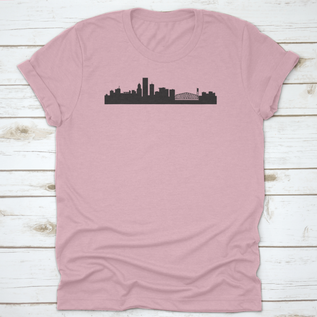 A stylish t-shirt featuring the Morning Portland Oregon City Skyline design, made from soft cotton fabric.