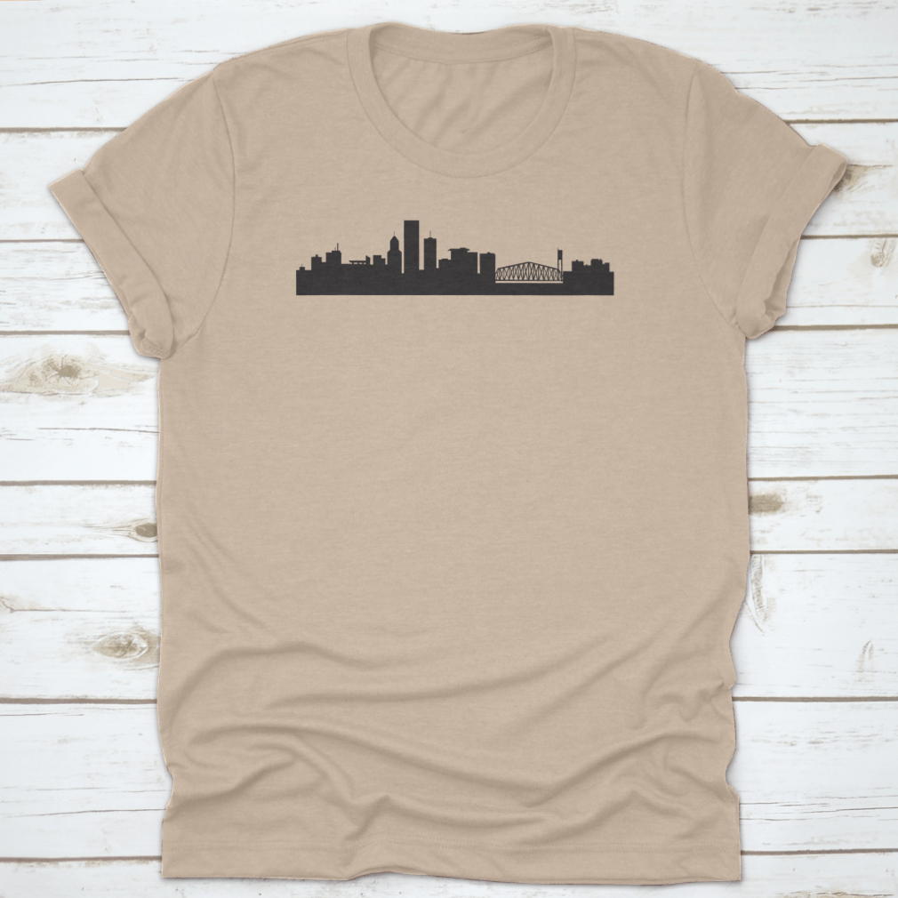 A stylish t-shirt featuring the Morning Portland Oregon City Skyline design, made from soft cotton fabric.