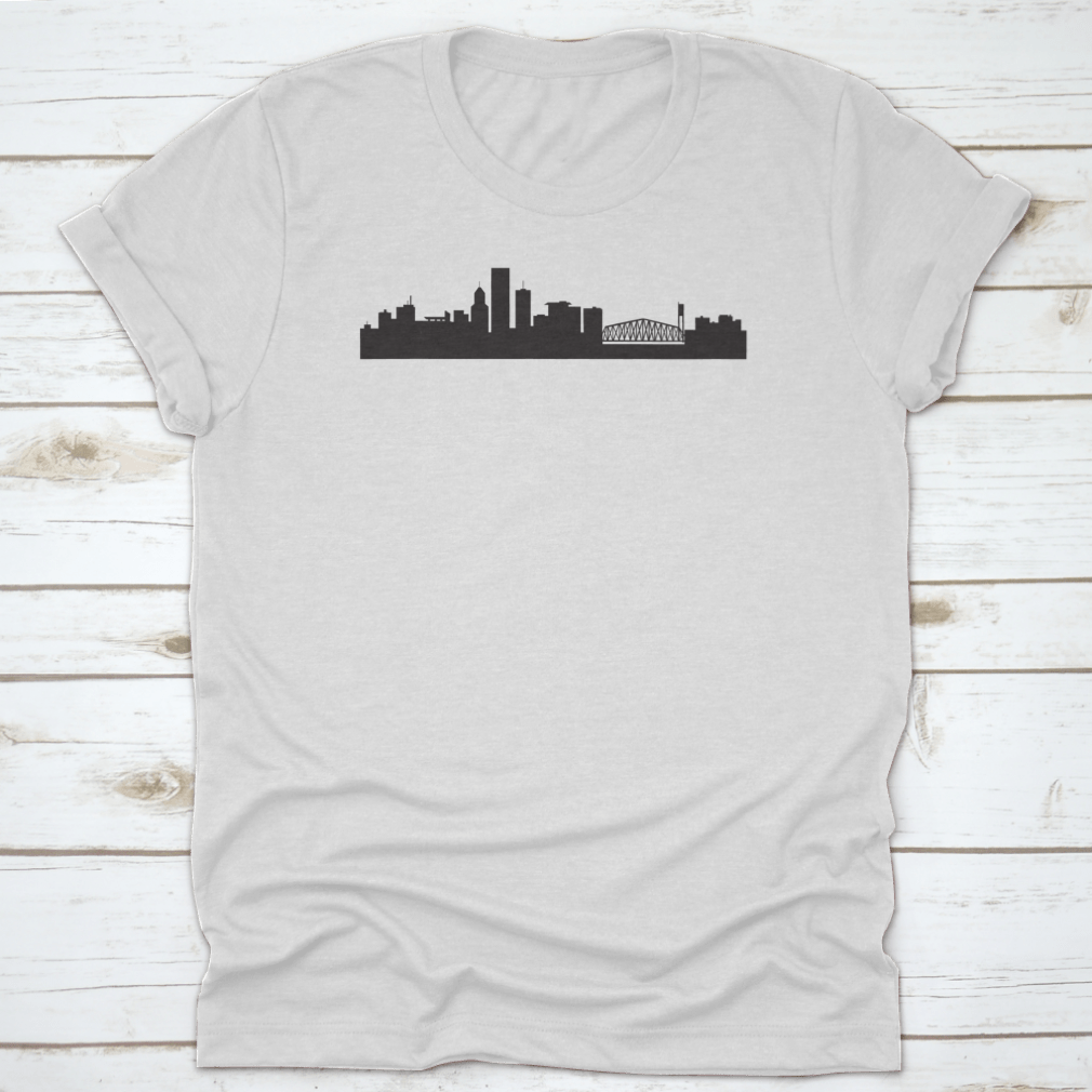 A stylish t-shirt featuring the Morning Portland Oregon City Skyline design, made from soft cotton fabric.