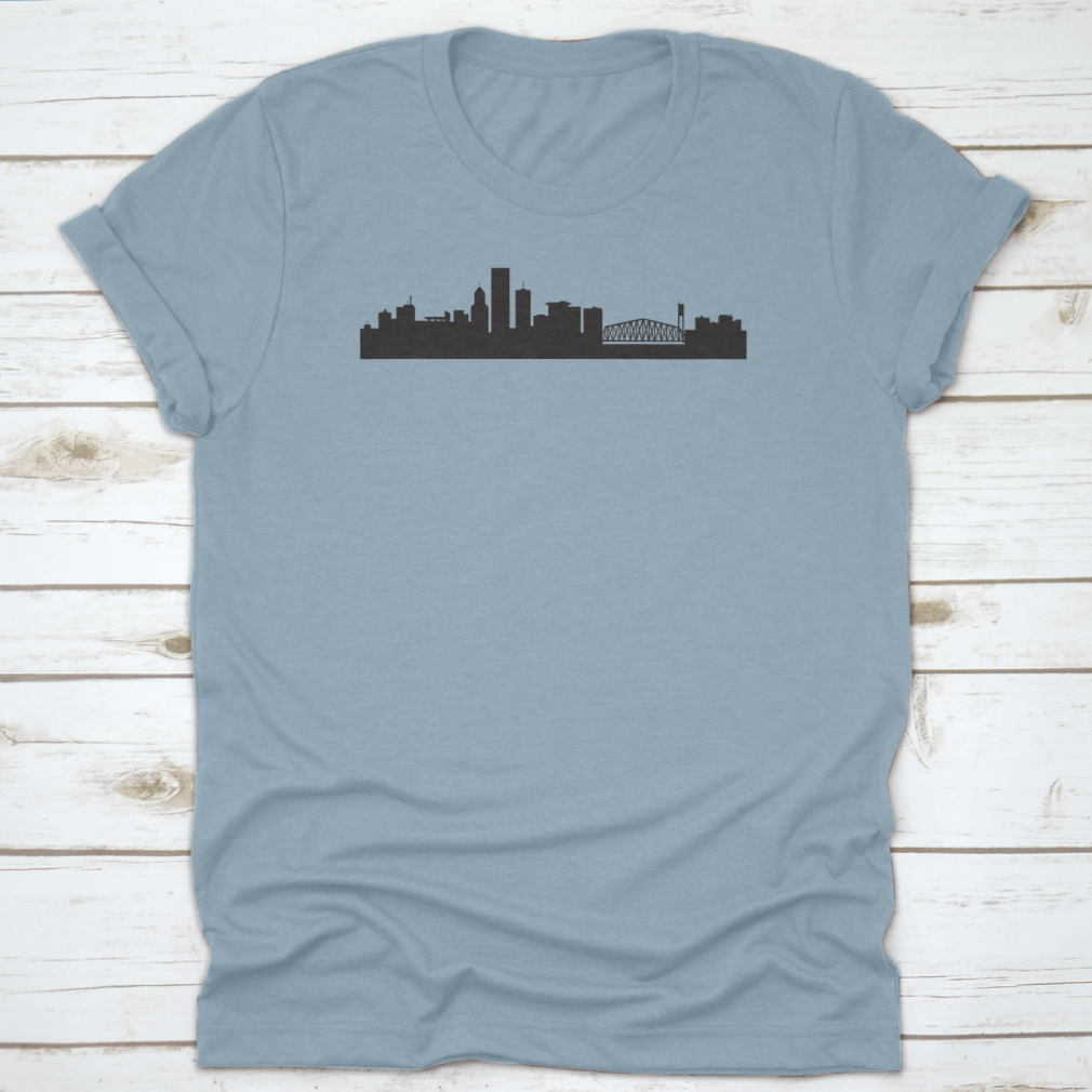 A stylish t-shirt featuring the Morning Portland Oregon City Skyline design, made from soft cotton fabric.