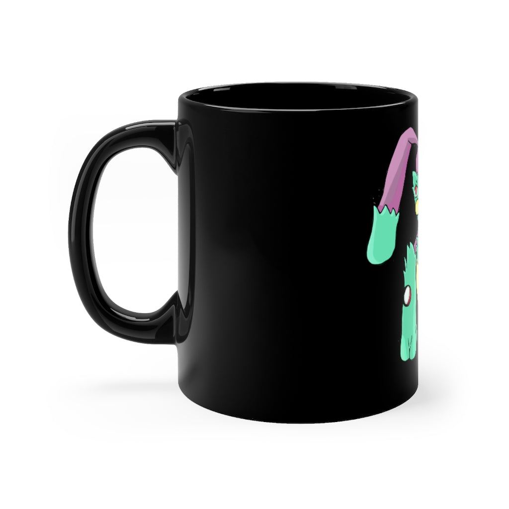 Morphesis Black mug 11oz with a sleek black ceramic finish and full-wrap design, showcasing its rounded corners and comfortable C-handle.