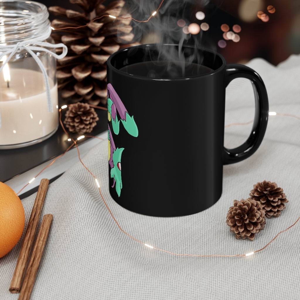 Morphesis Black mug 11oz with a sleek black ceramic finish and full-wrap design, showcasing its rounded corners and comfortable C-handle.