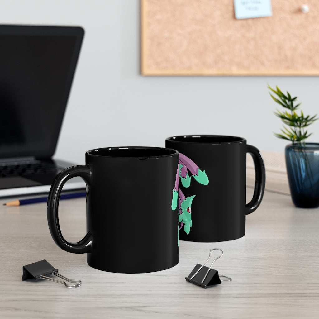 Morphesis Black mug 11oz with a sleek black ceramic finish and full-wrap design, showcasing its rounded corners and comfortable C-handle.