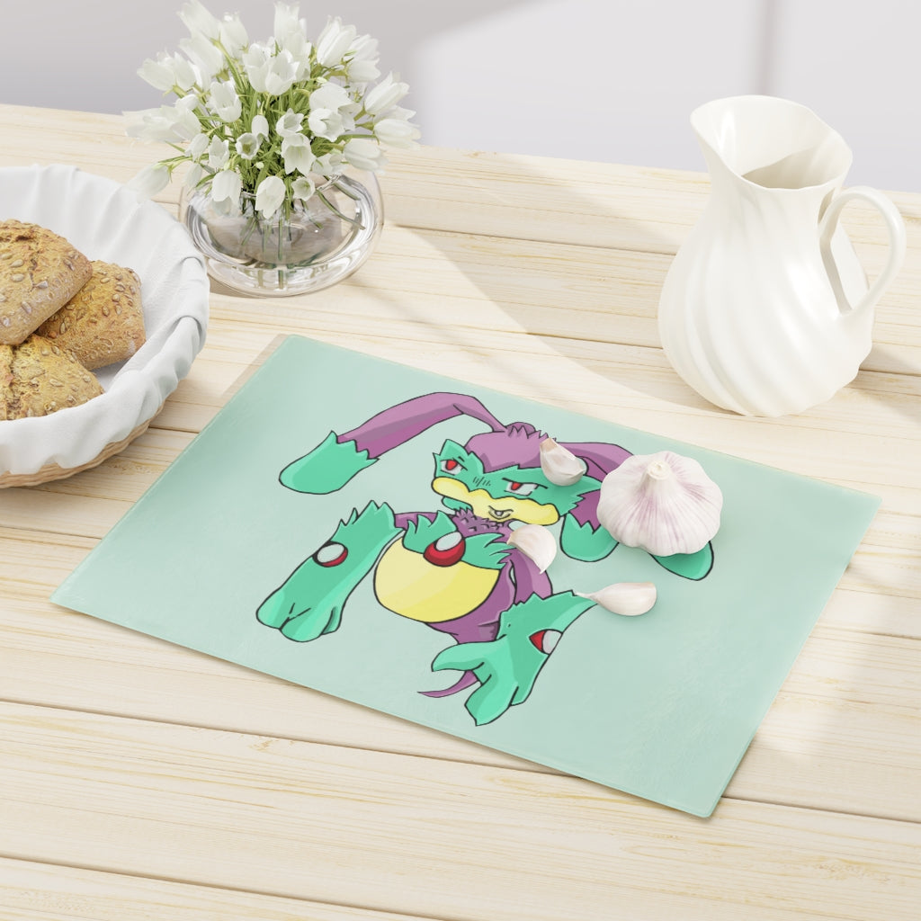 Morphesis Cutting Board made of tempered glass with rubber dots for stability, showcasing a personalized design.