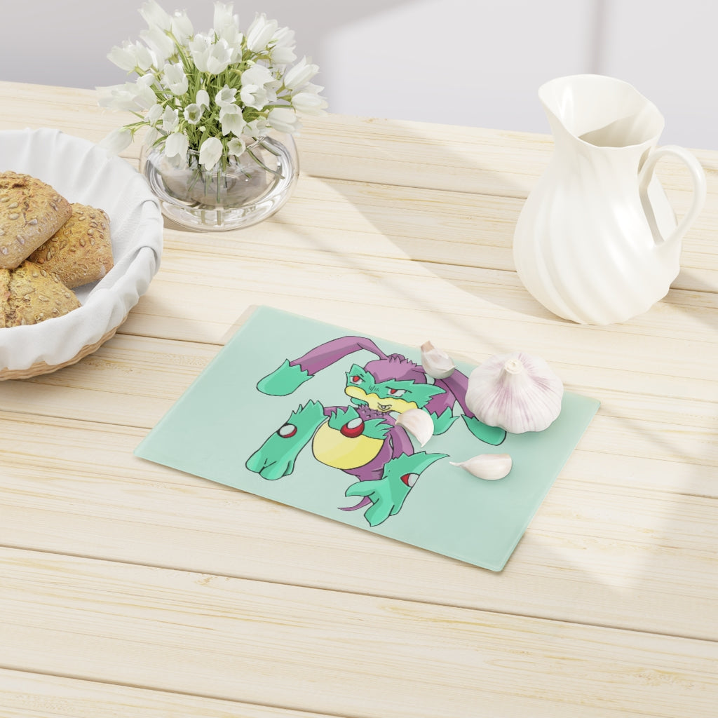 Morphesis Cutting Board made of tempered glass with rubber dots for stability, showcasing a personalized design.