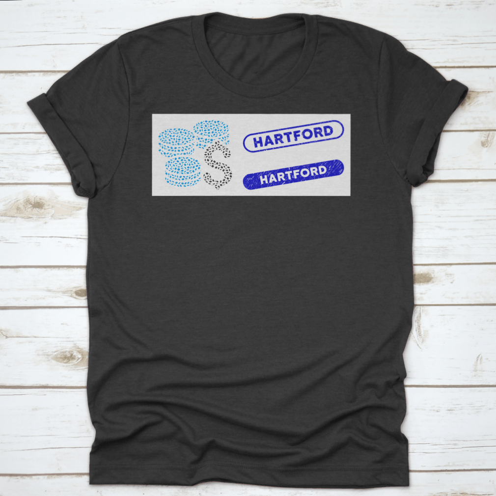 Mosaic Dollar Coins and Rubber Stamp Seals shirt featuring Hartford phrase, made from 100% cotton, showcasing a classic fit and midweight fabric.