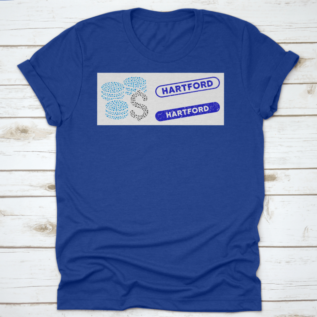 Mosaic Dollar Coins and Rubber Stamp Seals shirt featuring Hartford phrase, made from 100% cotton, showcasing a classic fit and midweight fabric.