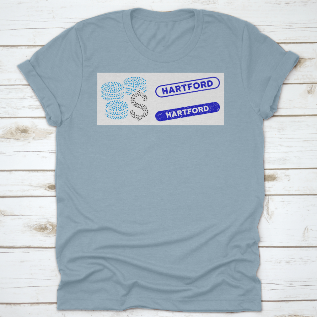 Mosaic Dollar Coins and Rubber Stamp Seals shirt featuring Hartford phrase, made from 100% cotton, showcasing a classic fit and midweight fabric.