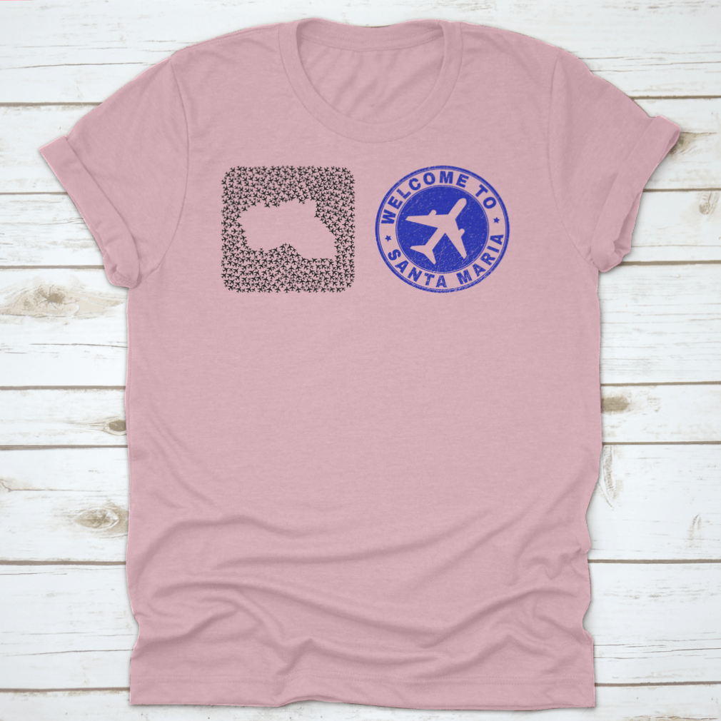 Mosaic Santa Maria Island Map t-shirt featuring air vehicle elements and grunge design, made from high-quality cotton.