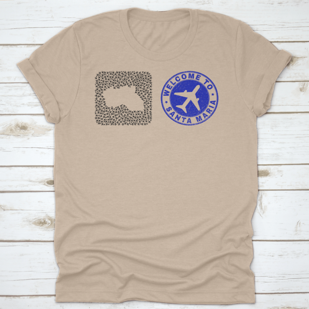 Mosaic Santa Maria Island Map t-shirt featuring air vehicle elements and grunge design, made from high-quality cotton.