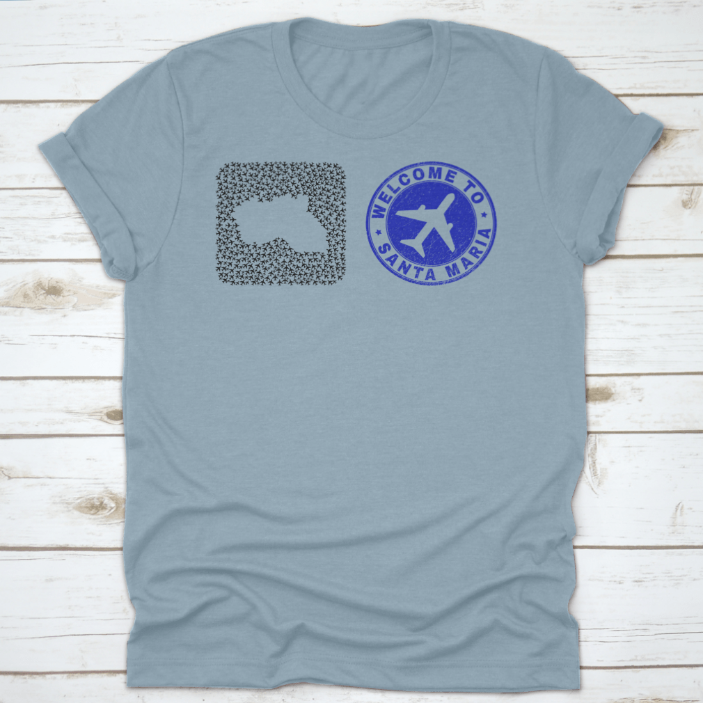 Mosaic Santa Maria Island Map t-shirt featuring air vehicle elements and grunge design, made from high-quality cotton.
