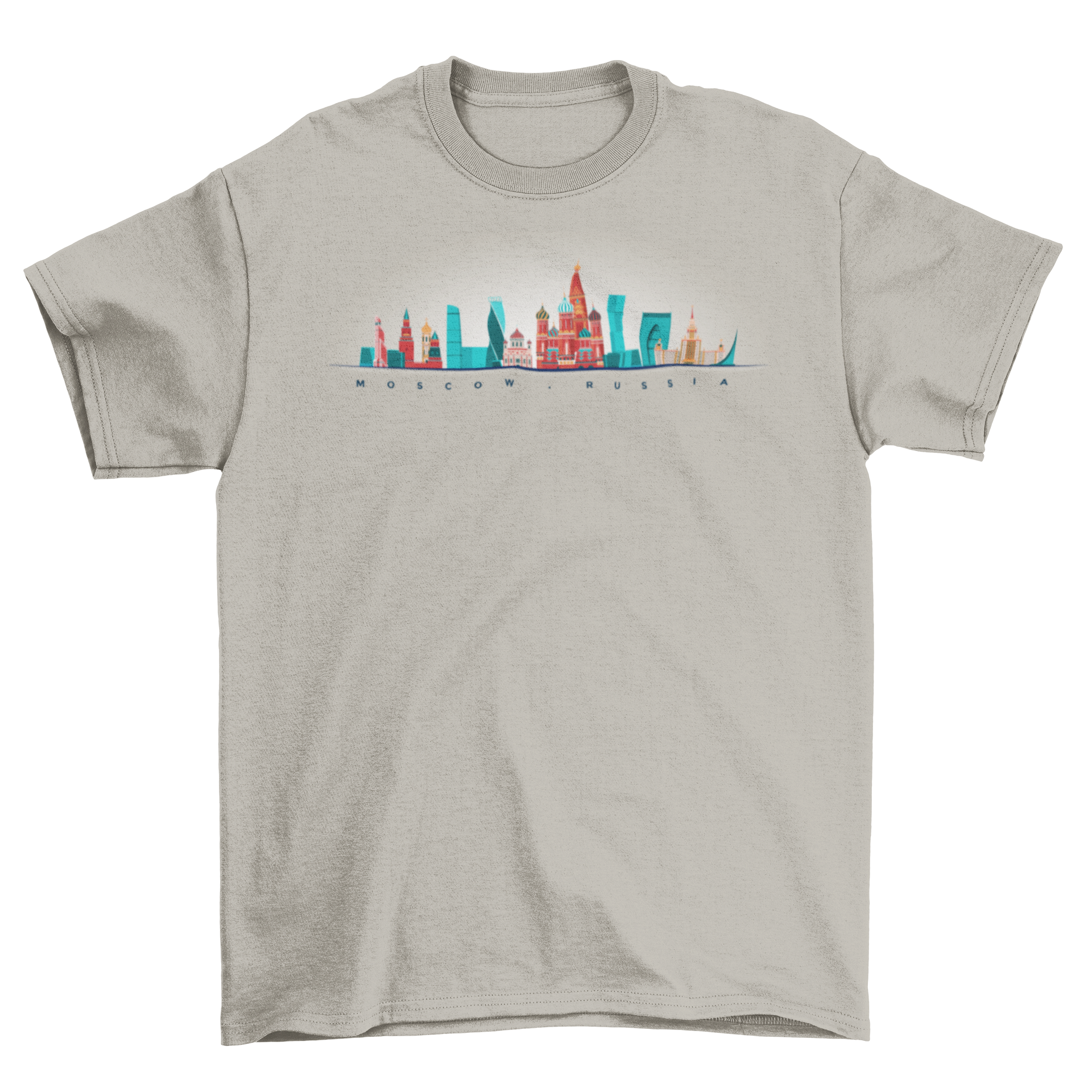 Moscow skyline t-shirt design featuring Saint Basil's Cathedral and Red Square landmarks.