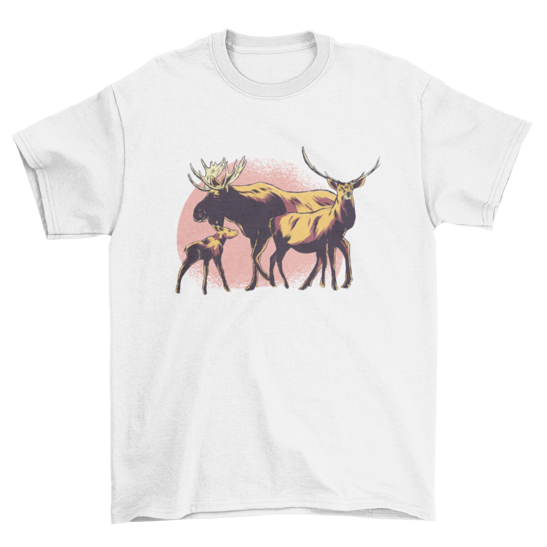Moose Family T-shirt featuring mom, dad, and baby moose illustration on a soft fabric.