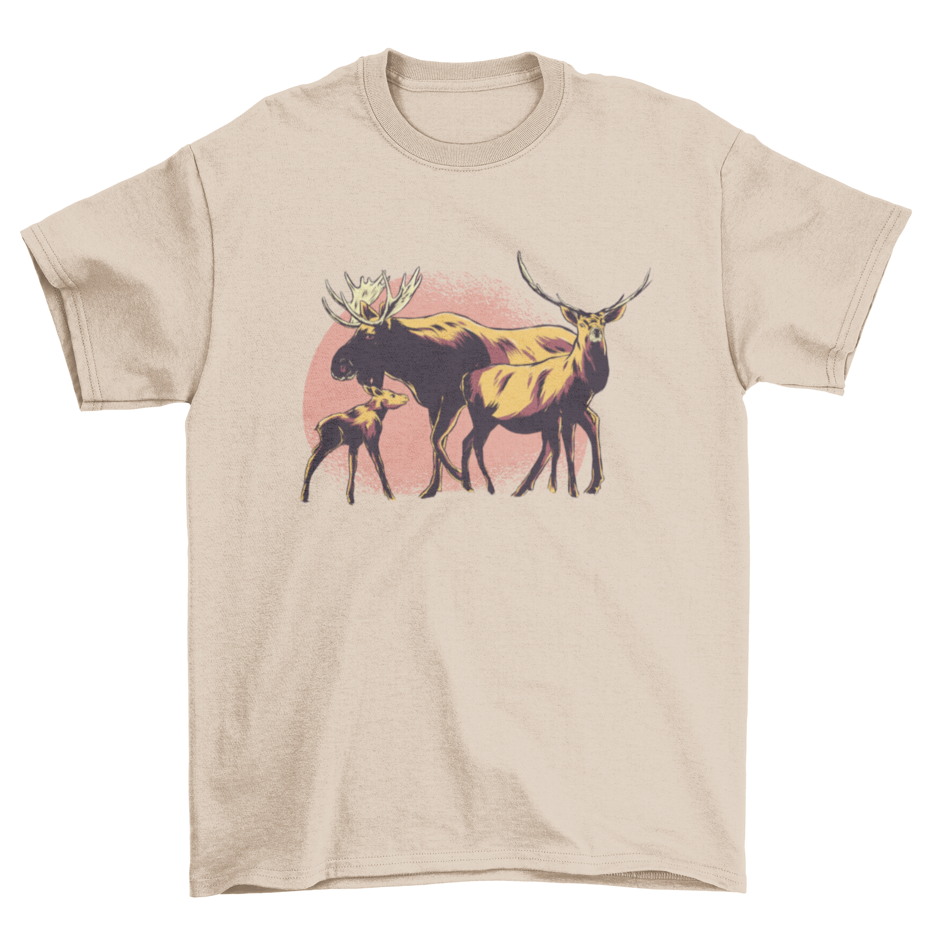 Moose Family T-shirt featuring mom, dad, and baby moose illustration on a soft fabric.