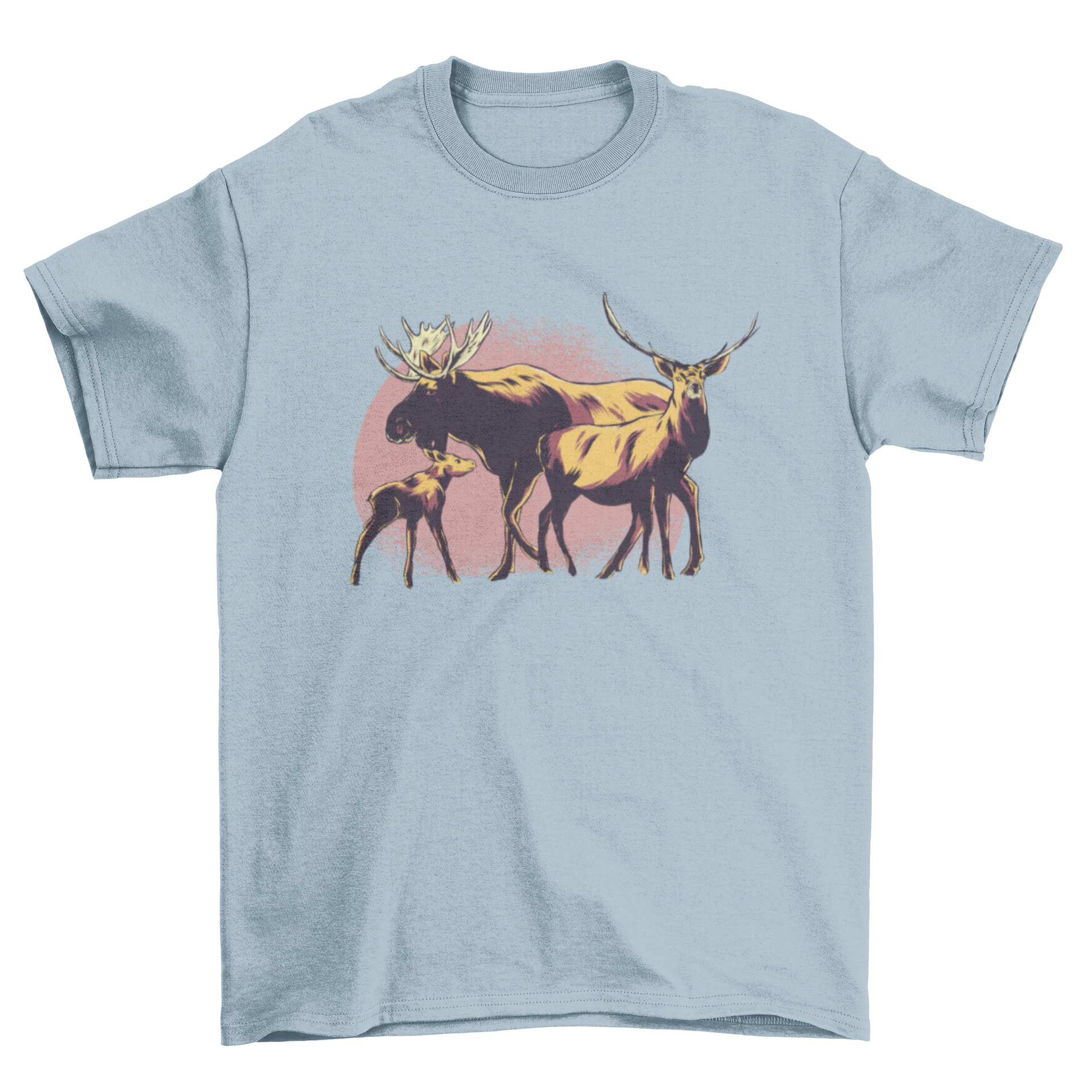 Moose Family T-shirt featuring mom, dad, and baby moose illustration on a soft fabric.