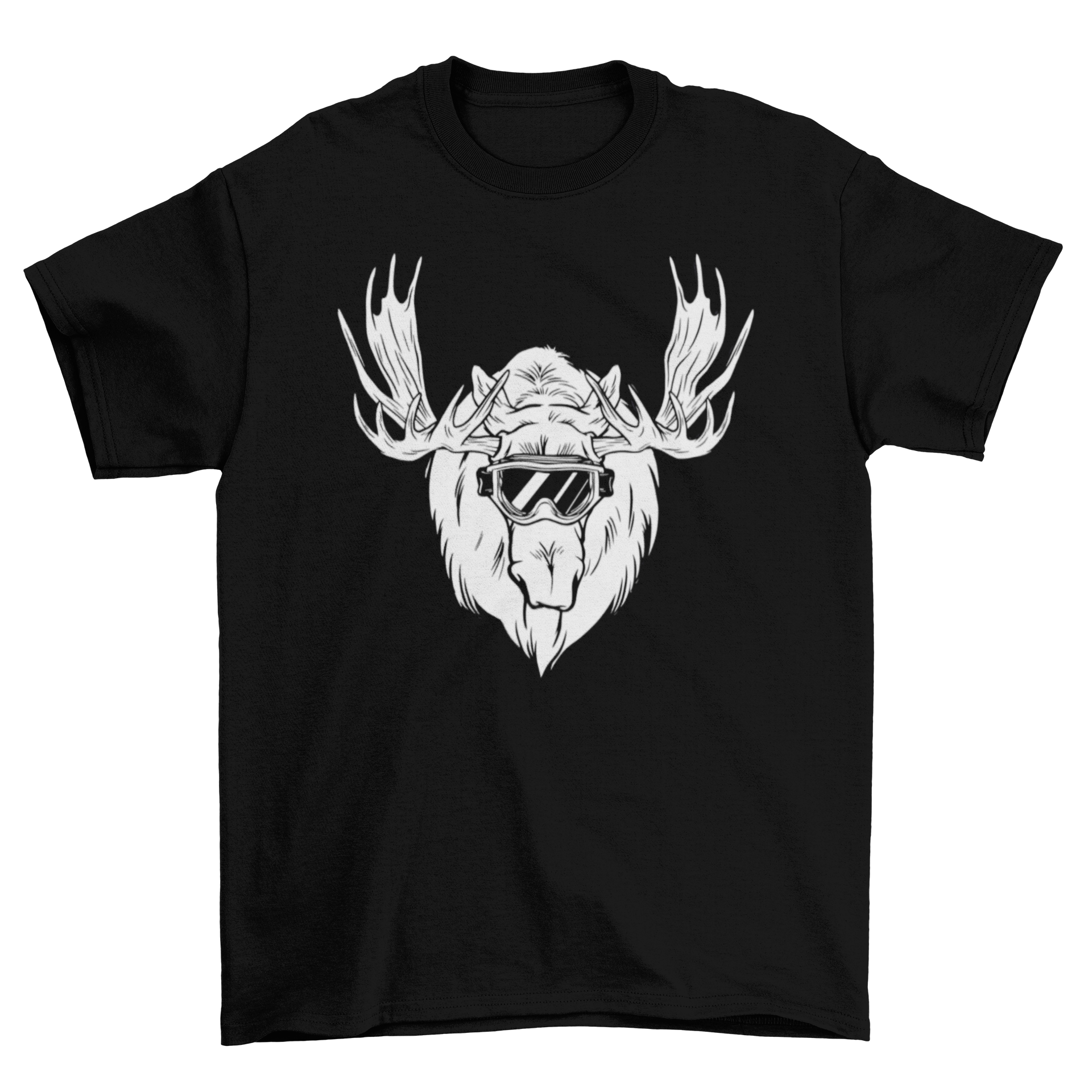 Moose head t-shirt featuring an illustration of a moose wearing ski goggles, showcasing a unique and playful design.