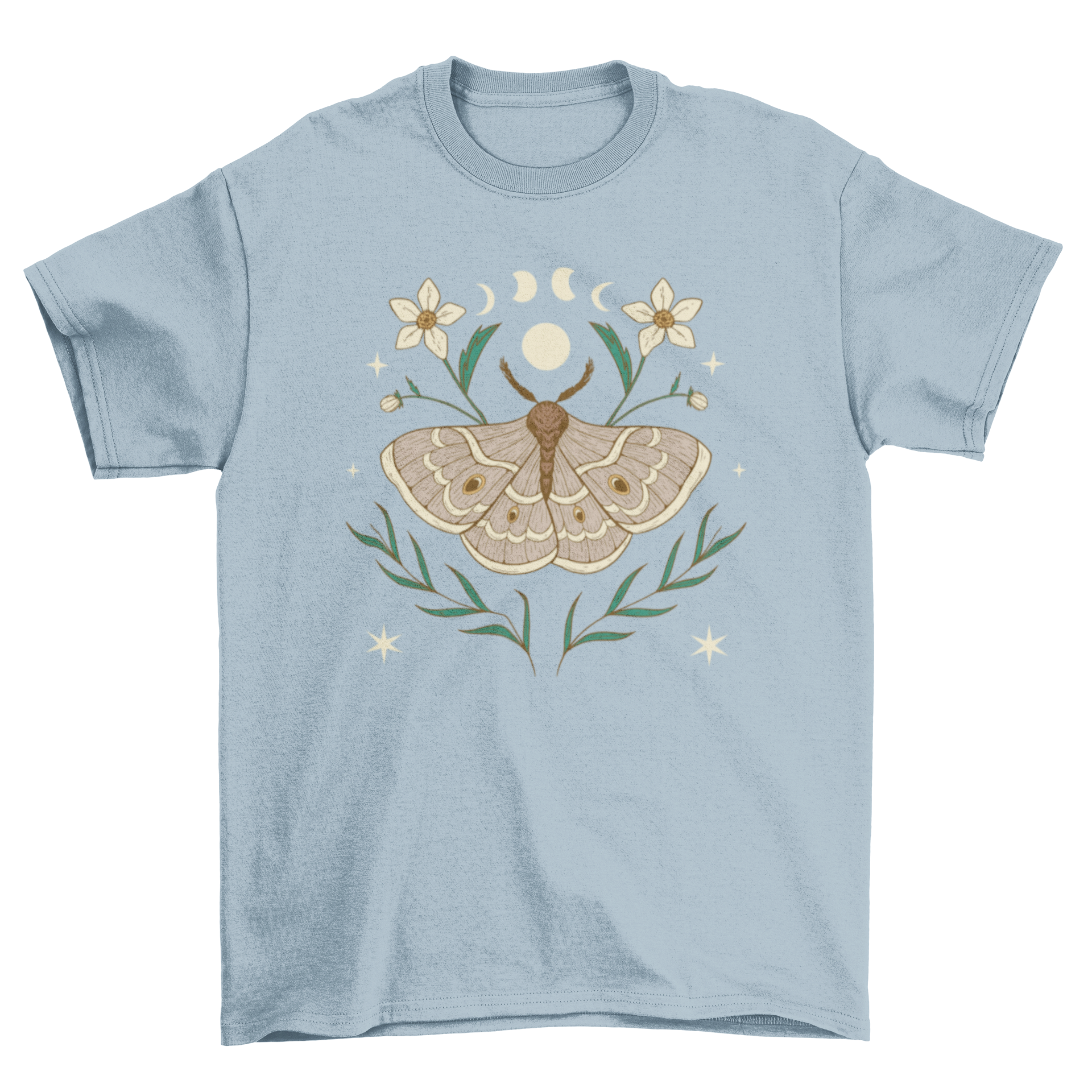 A stylish t-shirt featuring a moth, moon, and flowers in dark academia style, showcasing intricate details and artistic design.