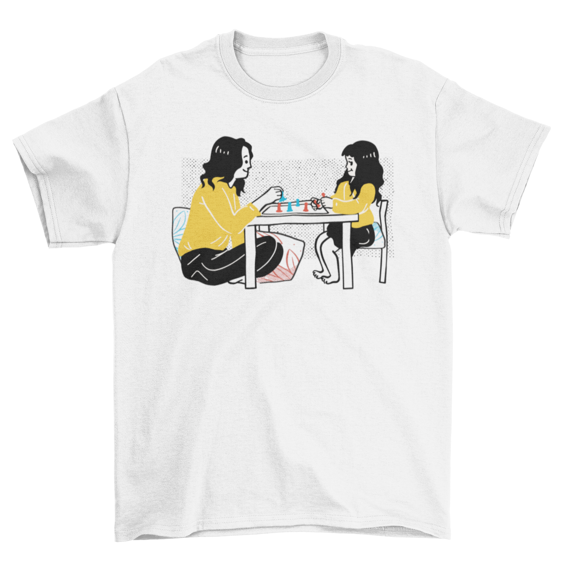 A cute t-shirt featuring a mother and daughter playing board games, showcasing a joyful bonding moment.