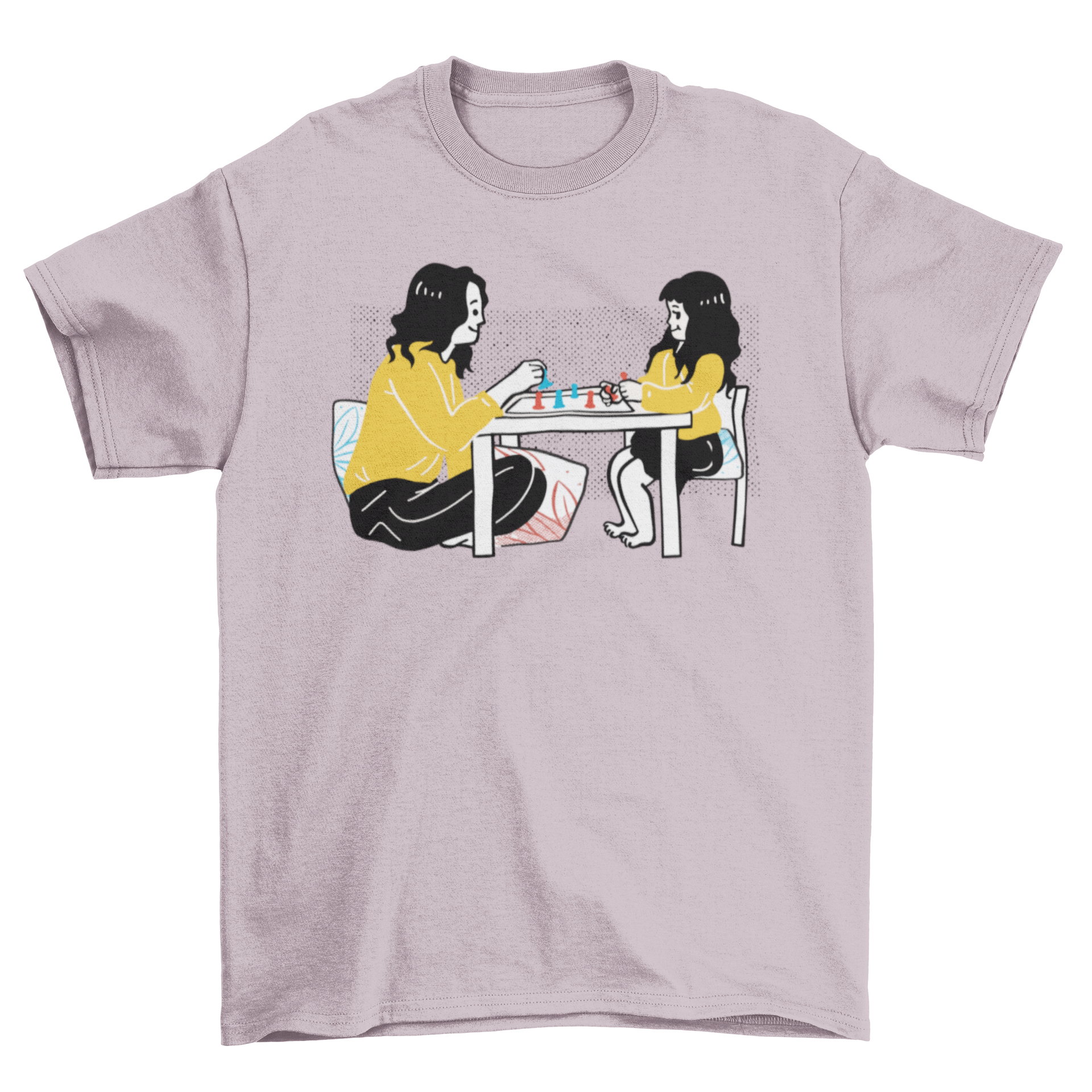 A cute t-shirt featuring a mother and daughter playing board games, showcasing a joyful bonding moment.