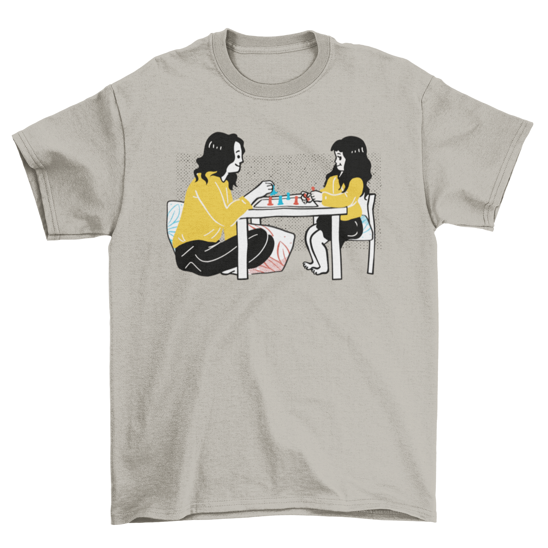 A cute t-shirt featuring a mother and daughter playing board games, showcasing a joyful bonding moment.