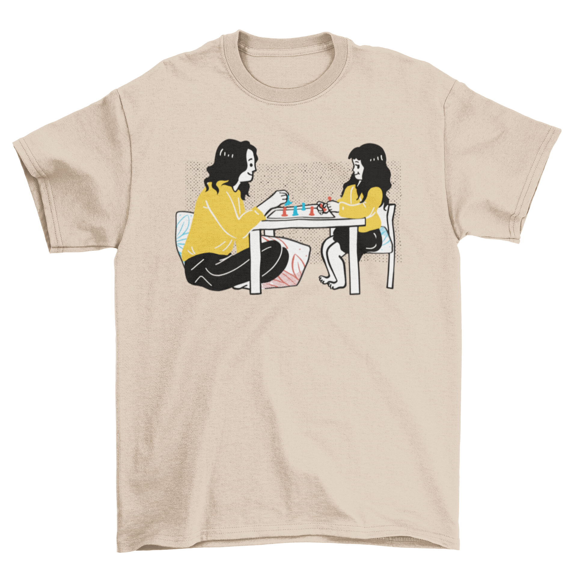 A cute t-shirt featuring a mother and daughter playing board games, showcasing a joyful bonding moment.
