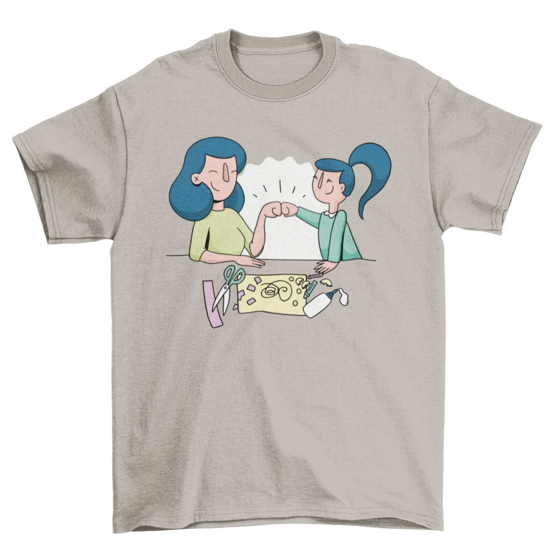 A mother and daughter happily crafting together while wearing matching t-shirts, showcasing their bond and creativity.