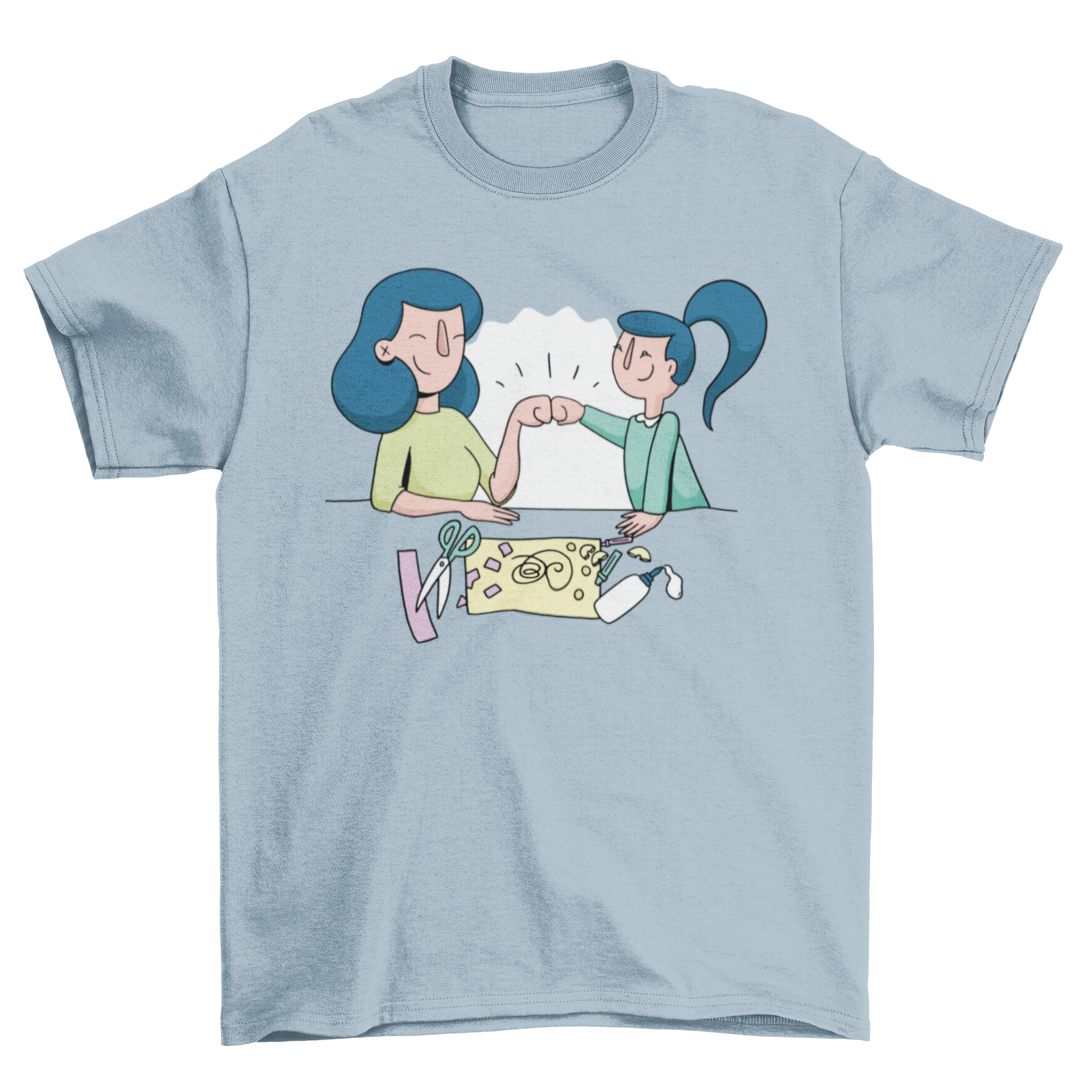 A mother and daughter happily crafting together while wearing matching t-shirts, showcasing their bond and creativity.