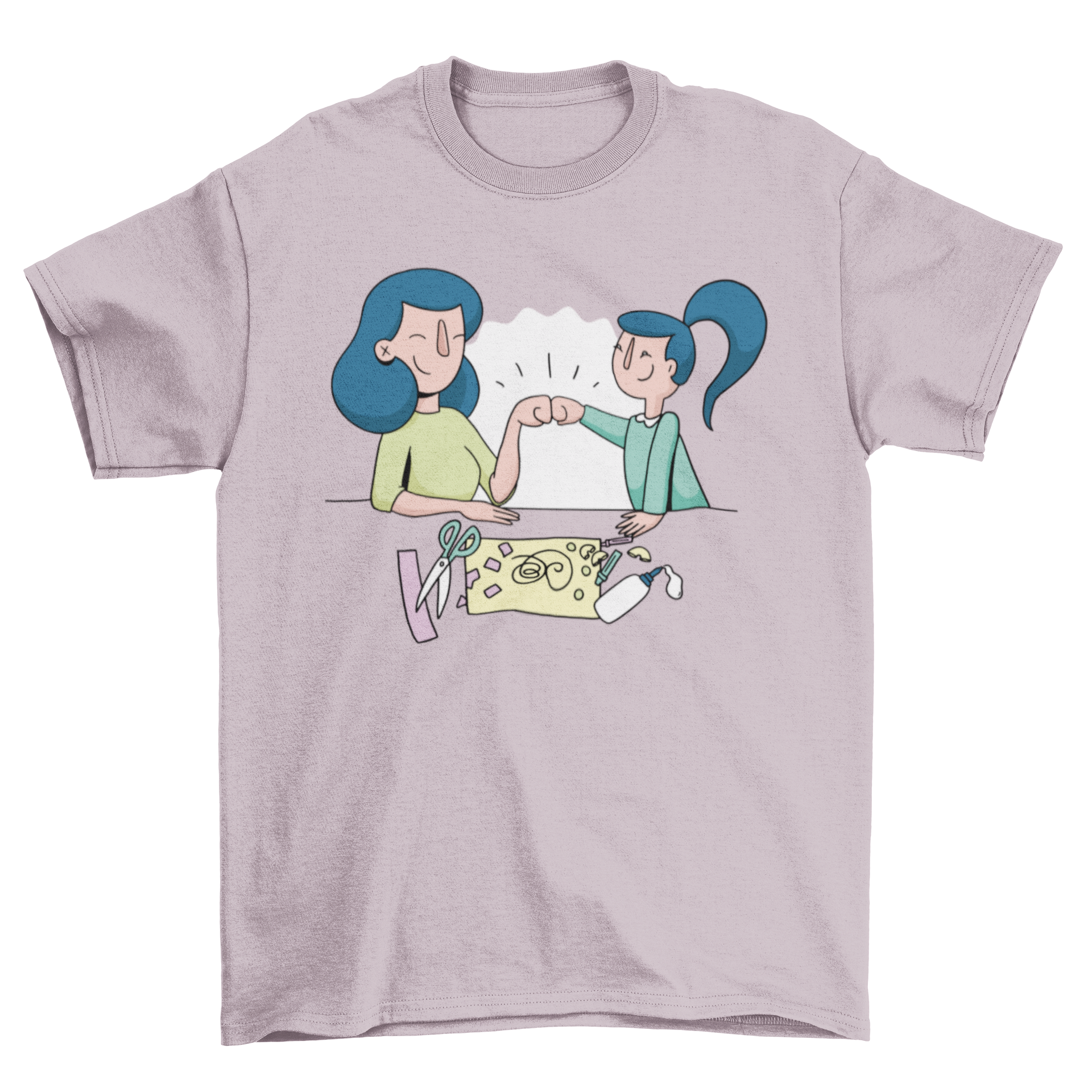 A mother and daughter happily crafting together while wearing matching t-shirts, showcasing their bond and creativity.
