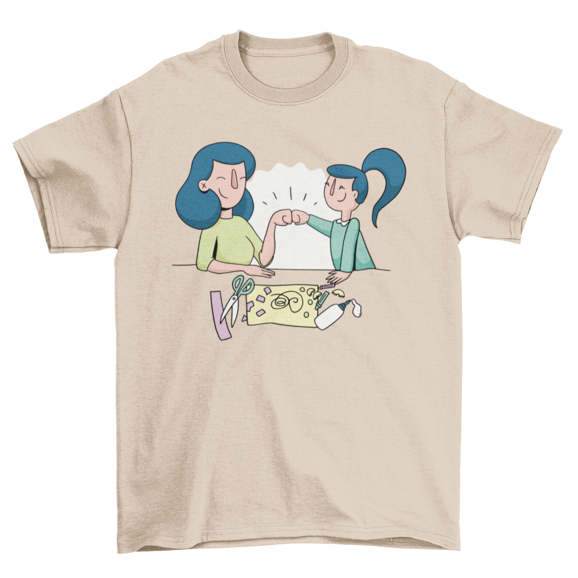A mother and daughter happily crafting together while wearing matching t-shirts, showcasing their bond and creativity.