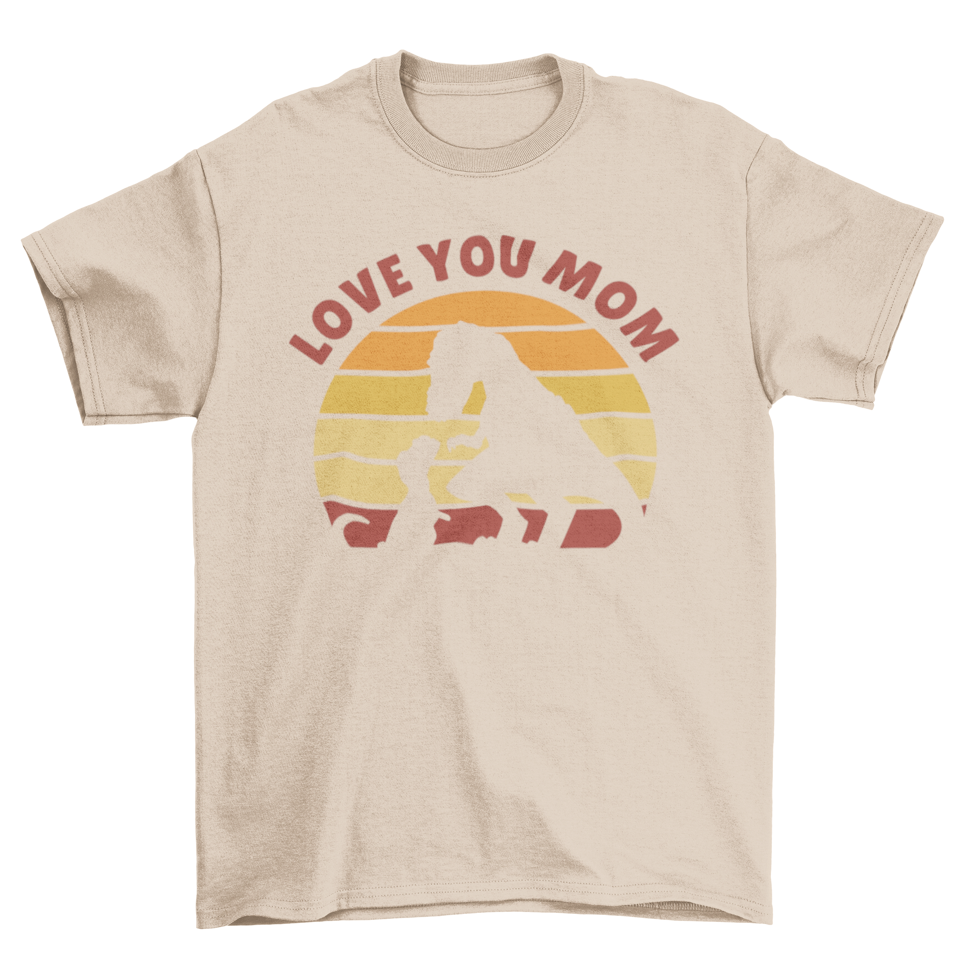 A Mother's Day dinosaur t-shirt featuring silhouettes of a big dinosaur and a small dinosaur with the quote 'Love you mom'.