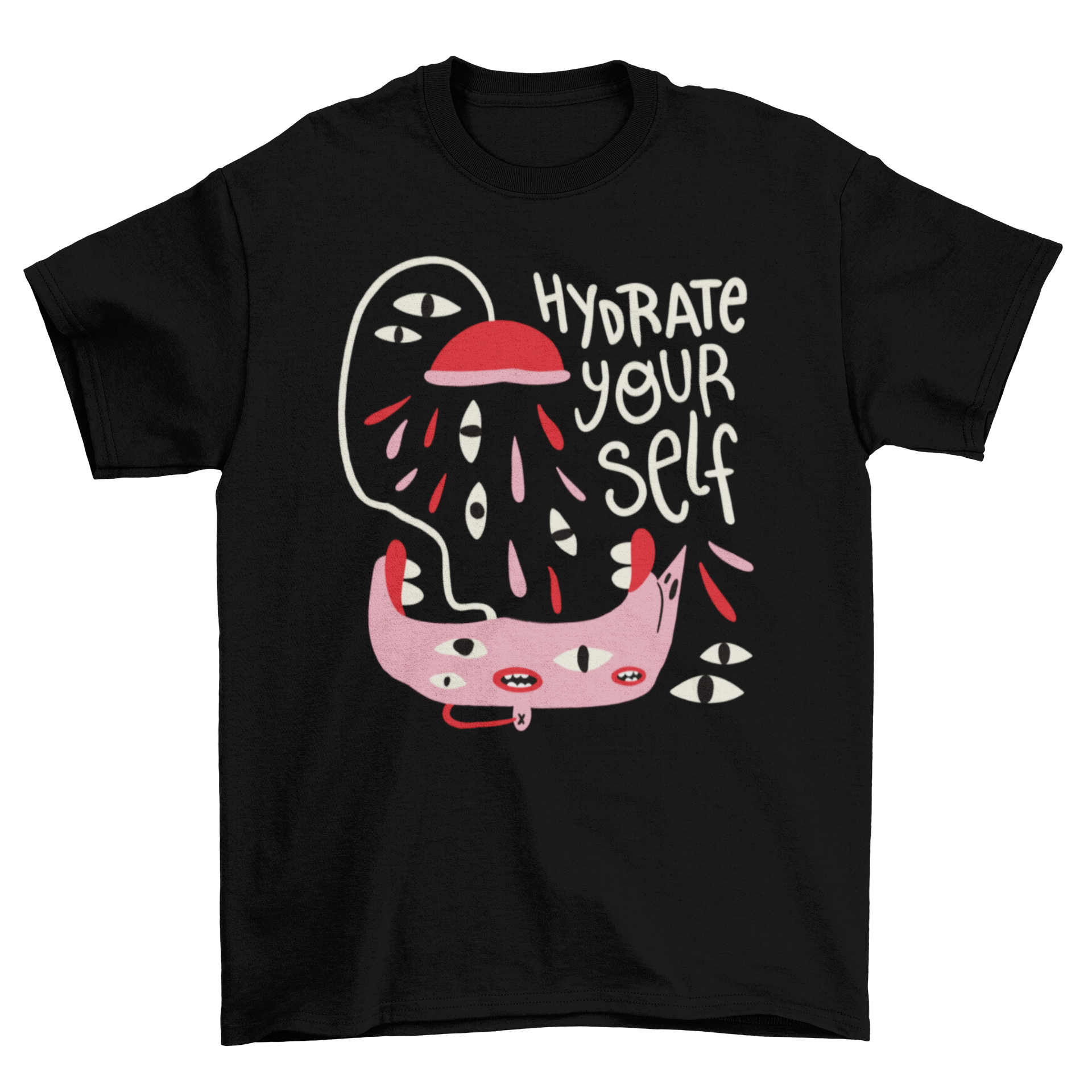 Motivational abstract creature t-shirt featuring a whimsical shower creature and the phrase 'Hydrate yourself' in vibrant colors.
