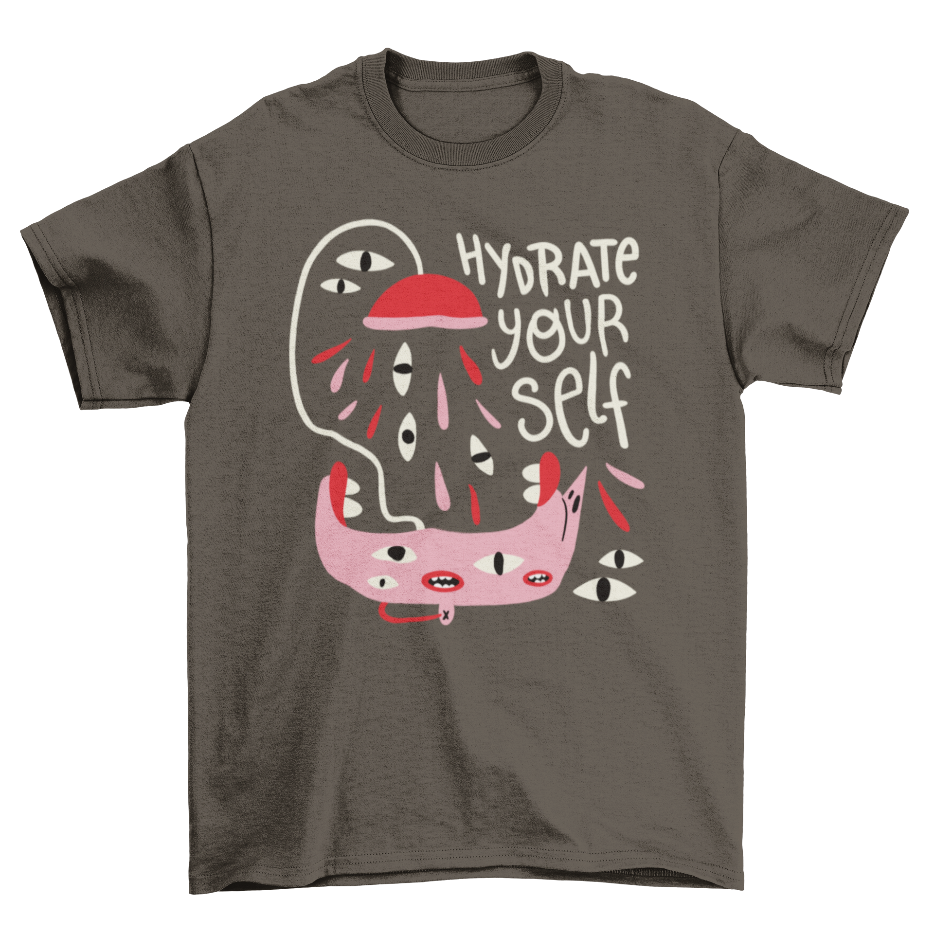 Motivational abstract creature t-shirt featuring a whimsical shower creature and the phrase 'Hydrate yourself' in vibrant colors.