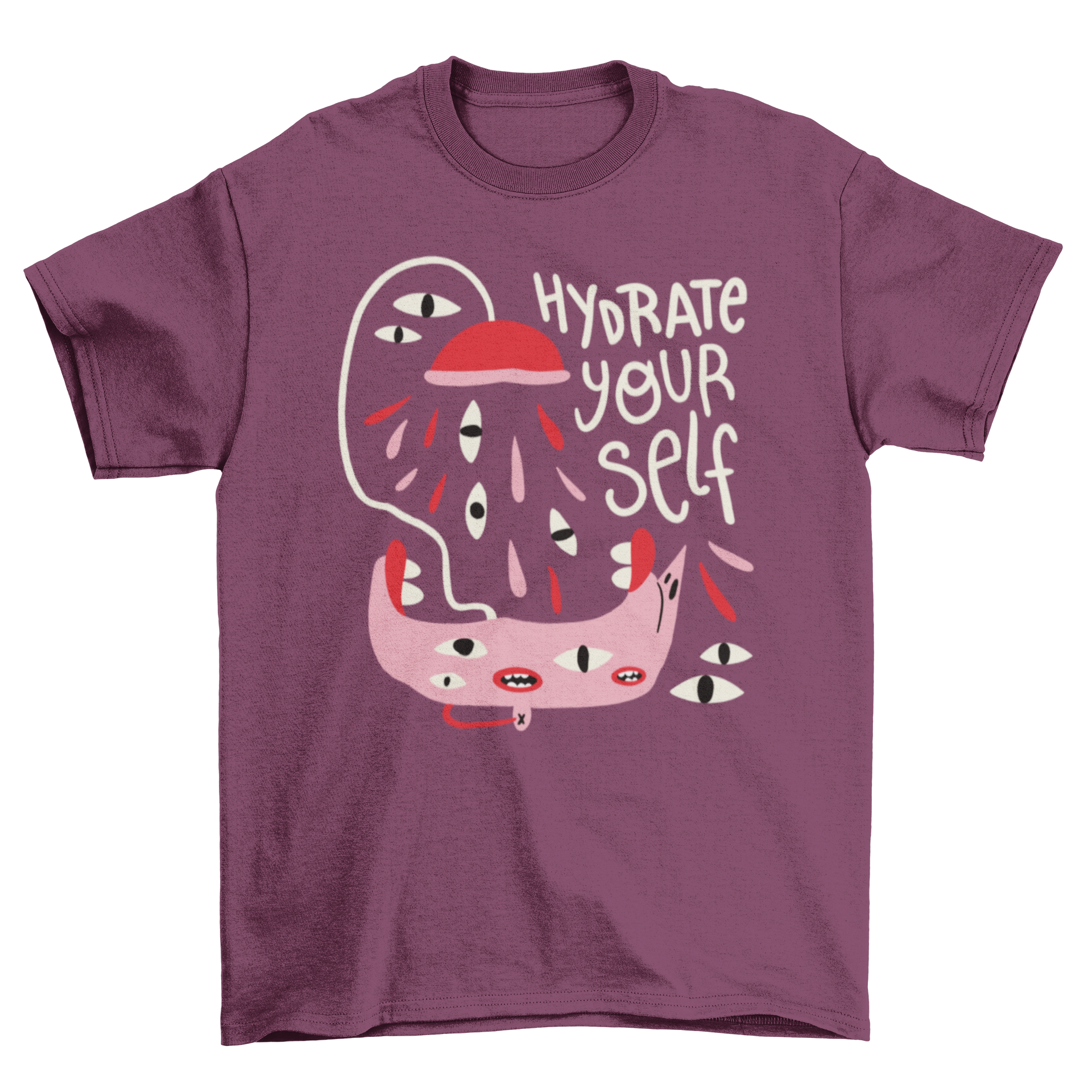 Motivational abstract creature t-shirt featuring a whimsical shower creature and the phrase 'Hydrate yourself' in vibrant colors.