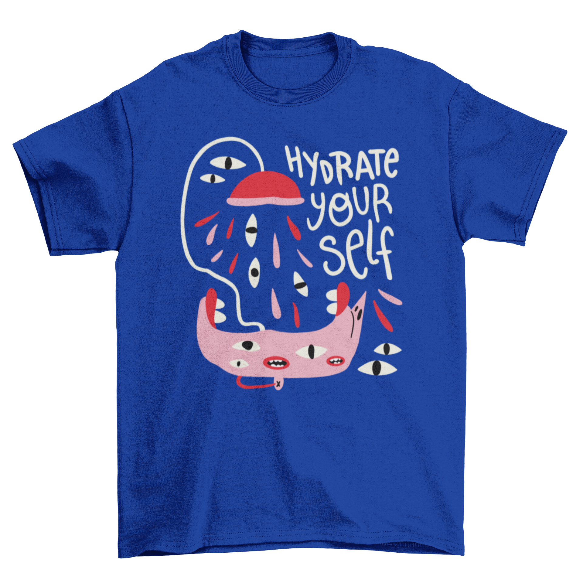 Motivational abstract creature t-shirt featuring a whimsical shower creature and the phrase 'Hydrate yourself' in vibrant colors.