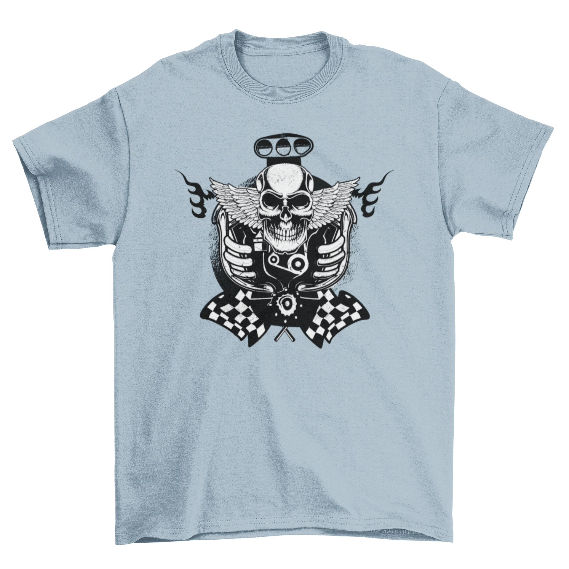 Motor Vehicle T-Shirt featuring a skull-shaped motor illustration with race flags.