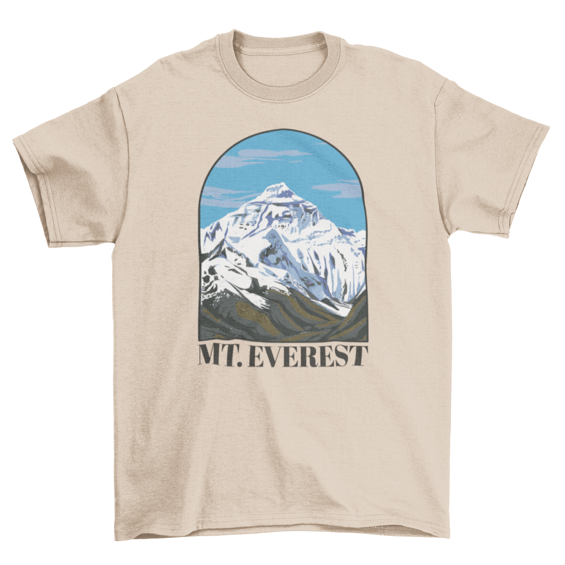 A stylish t-shirt featuring a beautiful landscape of Mount Everest with the quote 'Mt. Everest'.