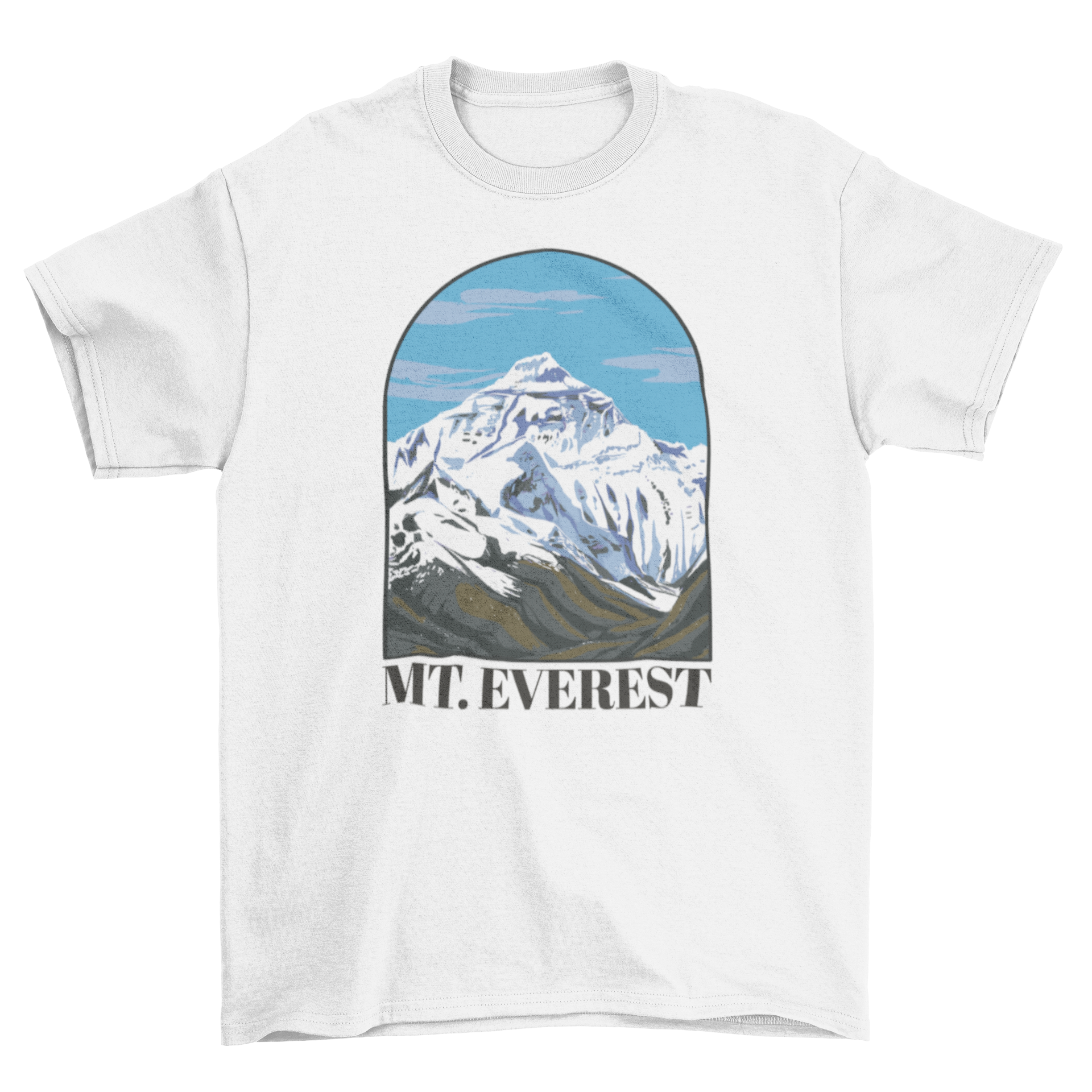 A stylish t-shirt featuring a beautiful landscape of Mount Everest with the quote 'Mt. Everest'.