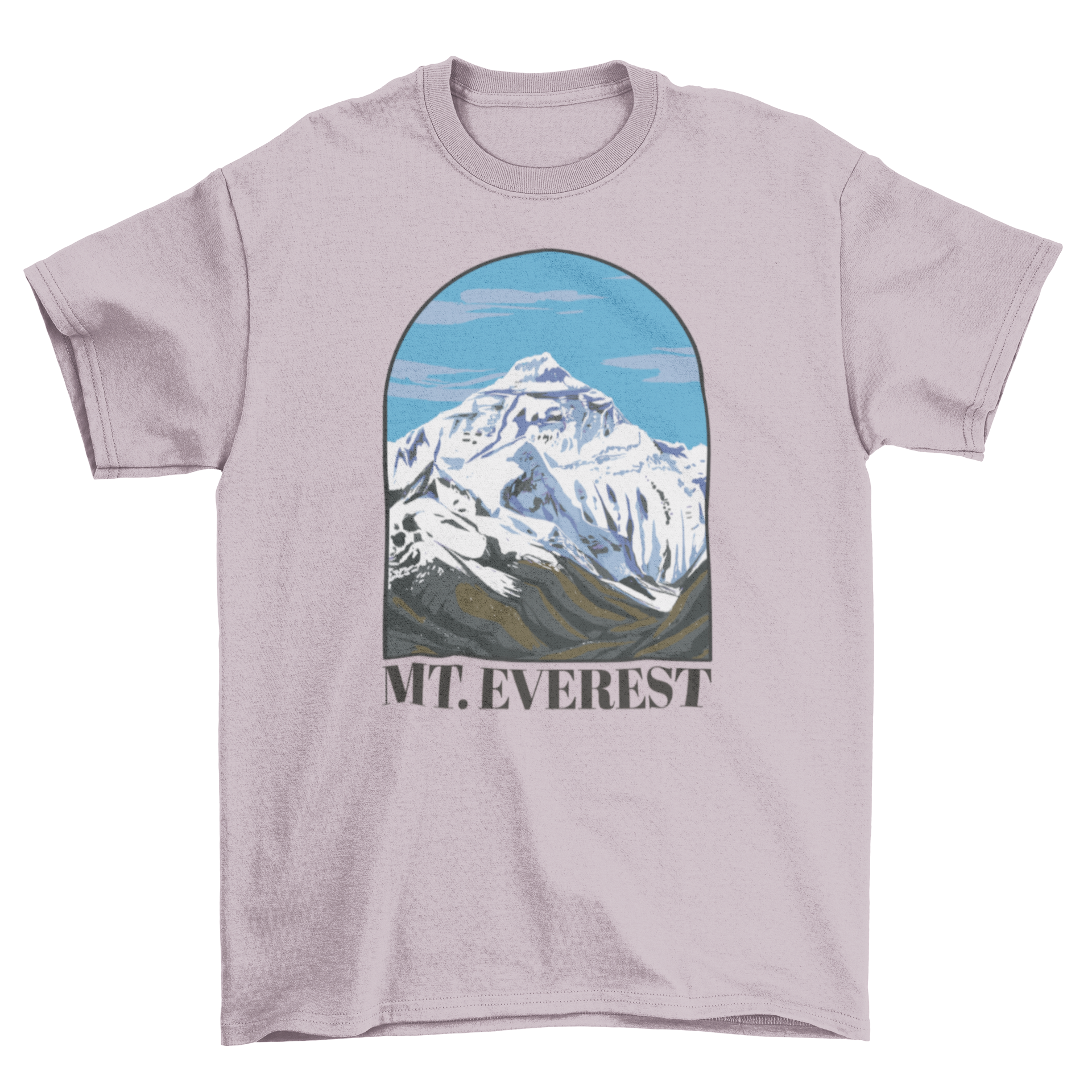 A stylish t-shirt featuring a beautiful landscape of Mount Everest with the quote 'Mt. Everest'.