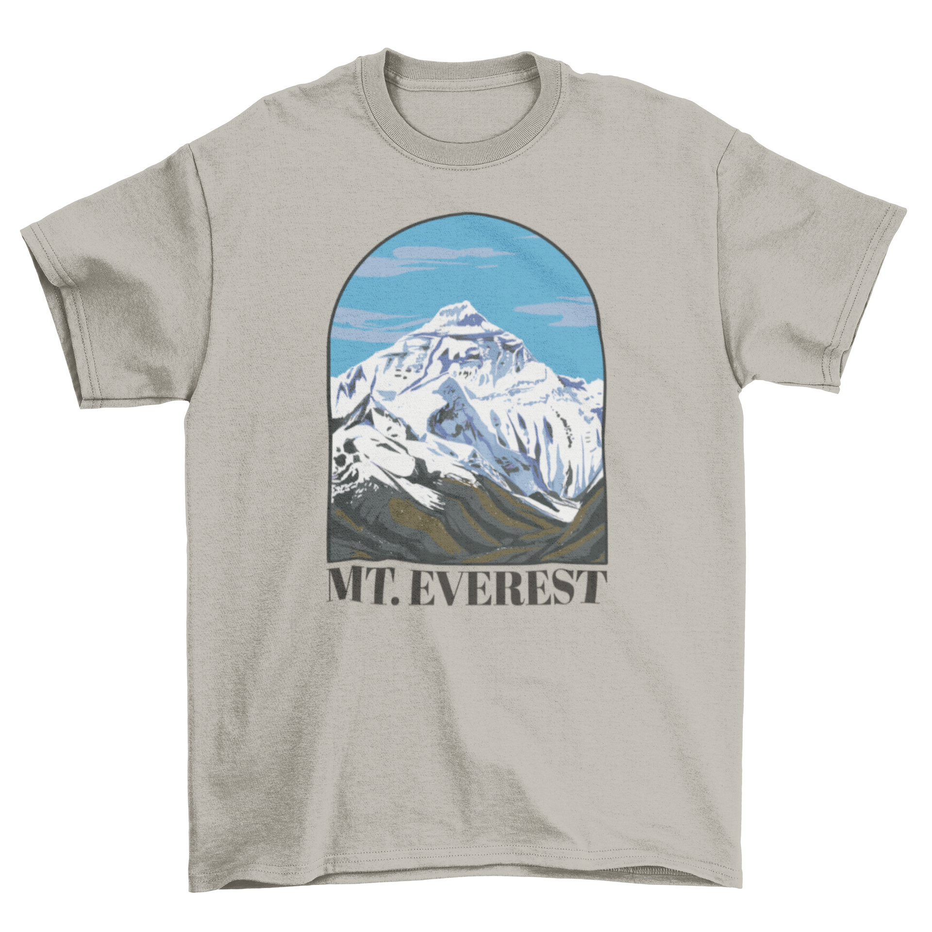 A stylish t-shirt featuring a beautiful landscape of Mount Everest with the quote 'Mt. Everest'.