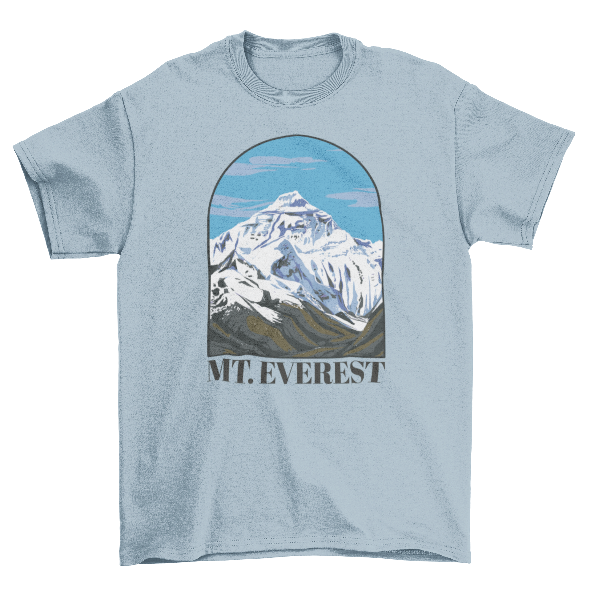 A stylish t-shirt featuring a beautiful landscape of Mount Everest with the quote 'Mt. Everest'.