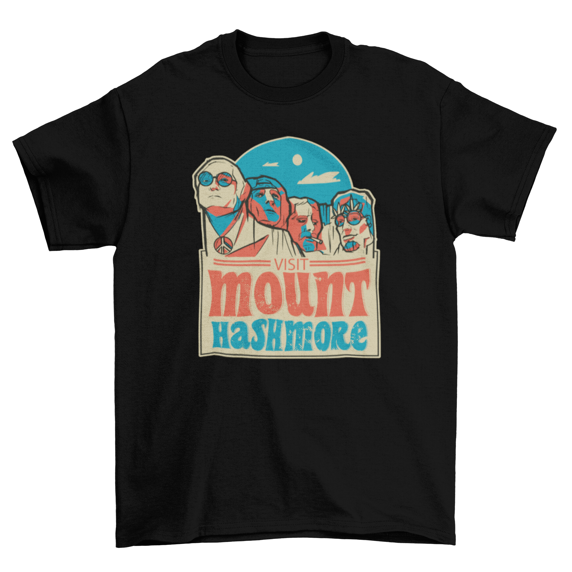 Mount Hashmore T-shirt featuring a cannabis-themed parody of Mount Rushmore with vibrant colors and humorous design.