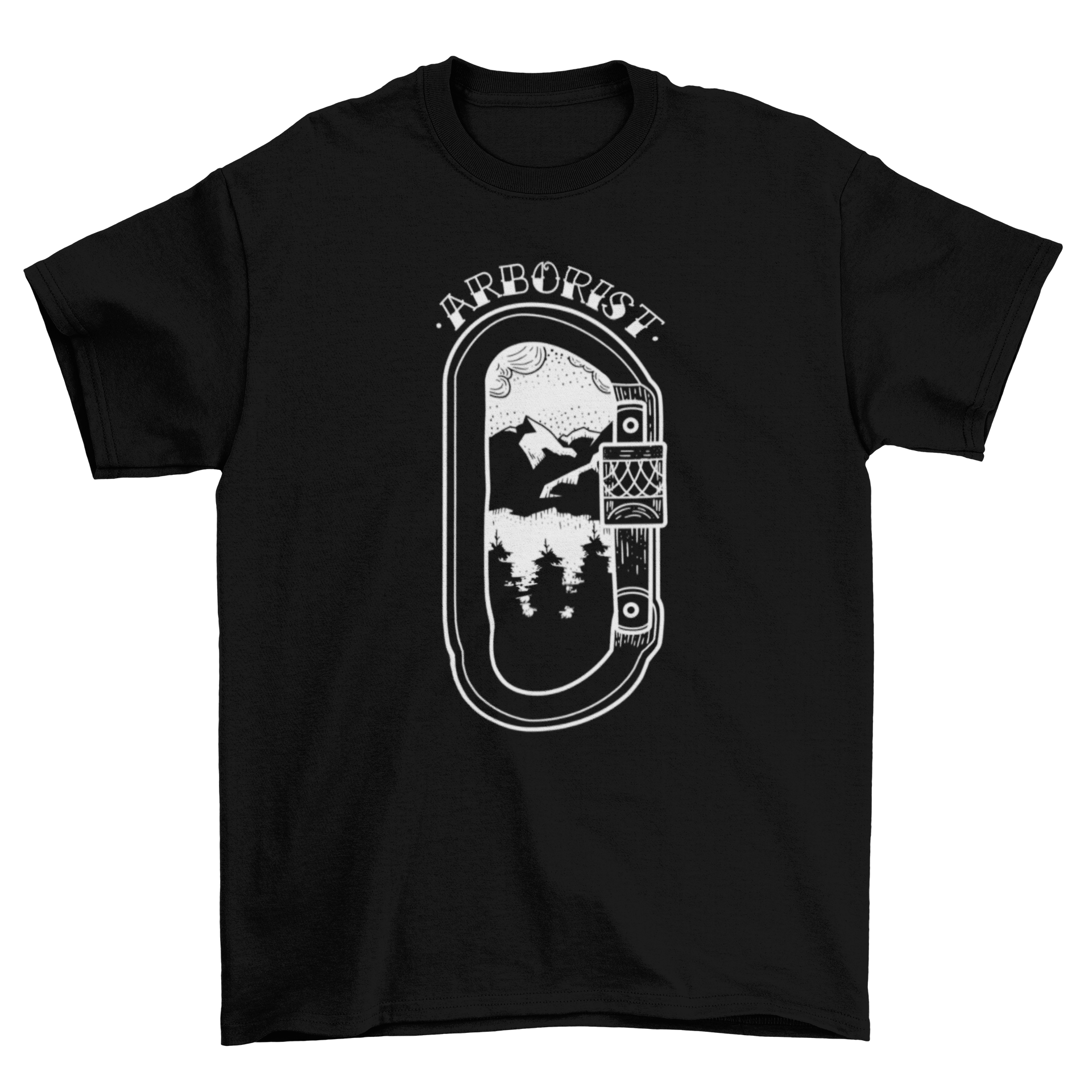 Mountain landscape climbing t-shirt featuring a carabiner and the quote 'Arborist' against a scenic mountain background.