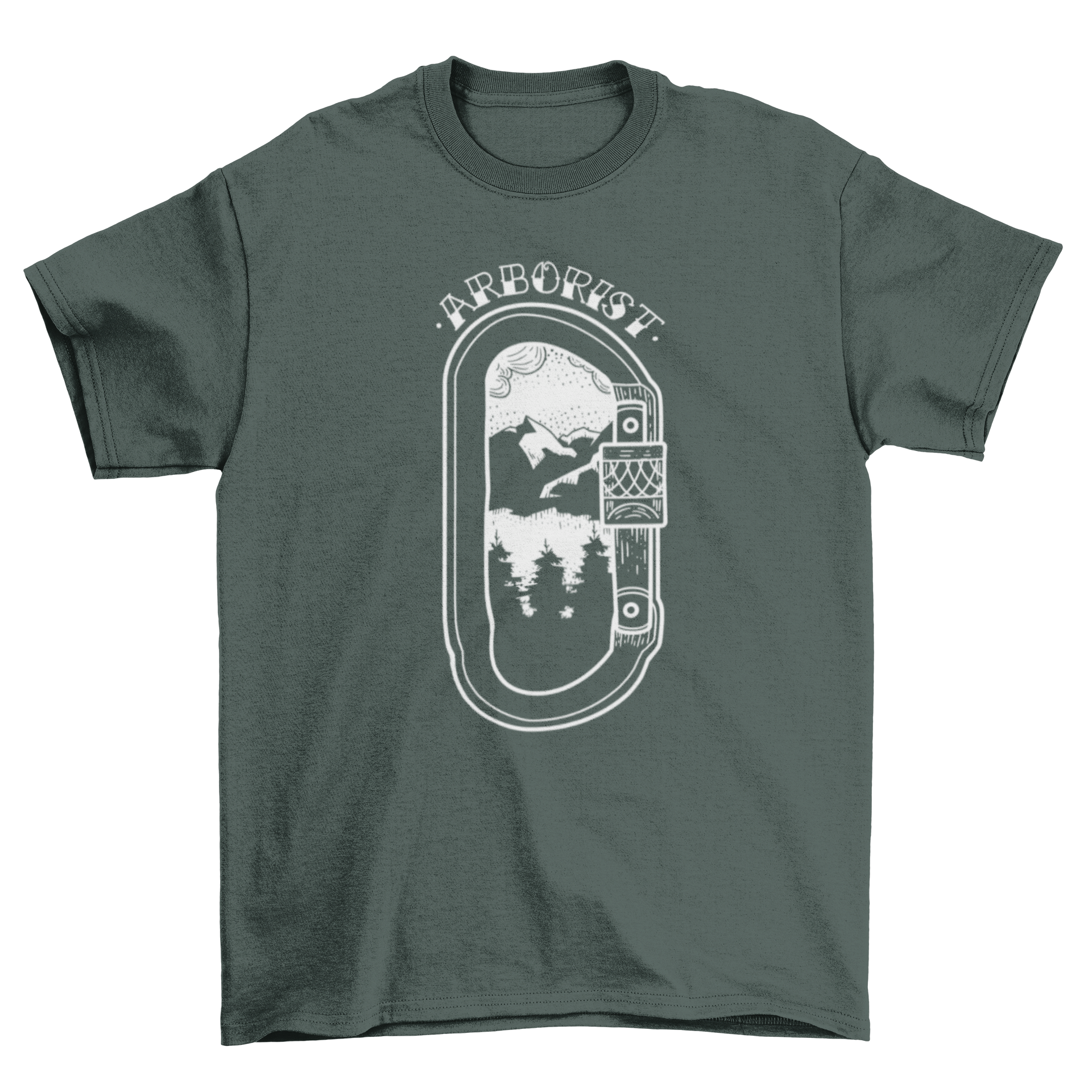 Mountain landscape climbing t-shirt featuring a carabiner and the quote 'Arborist' against a scenic mountain background.