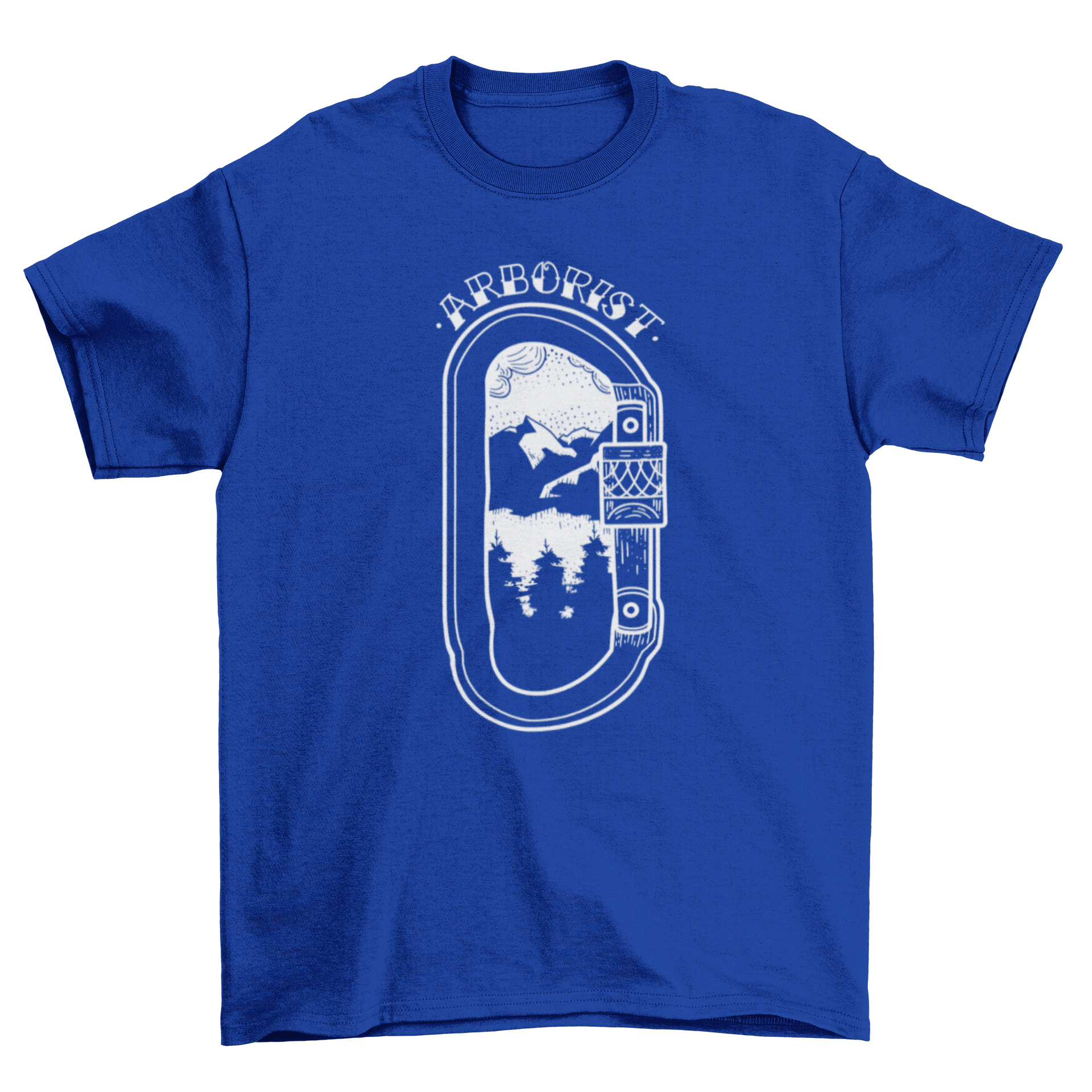 Mountain landscape climbing t-shirt featuring a carabiner and the quote 'Arborist' against a scenic mountain background.