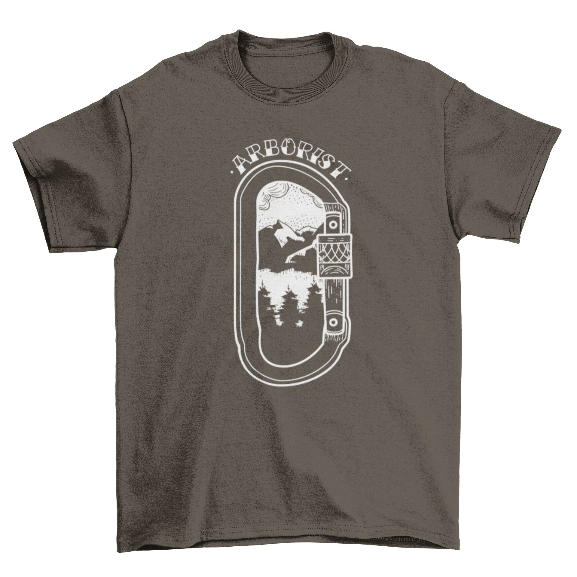 Mountain landscape climbing t-shirt featuring a carabiner and the quote 'Arborist' against a scenic mountain background.