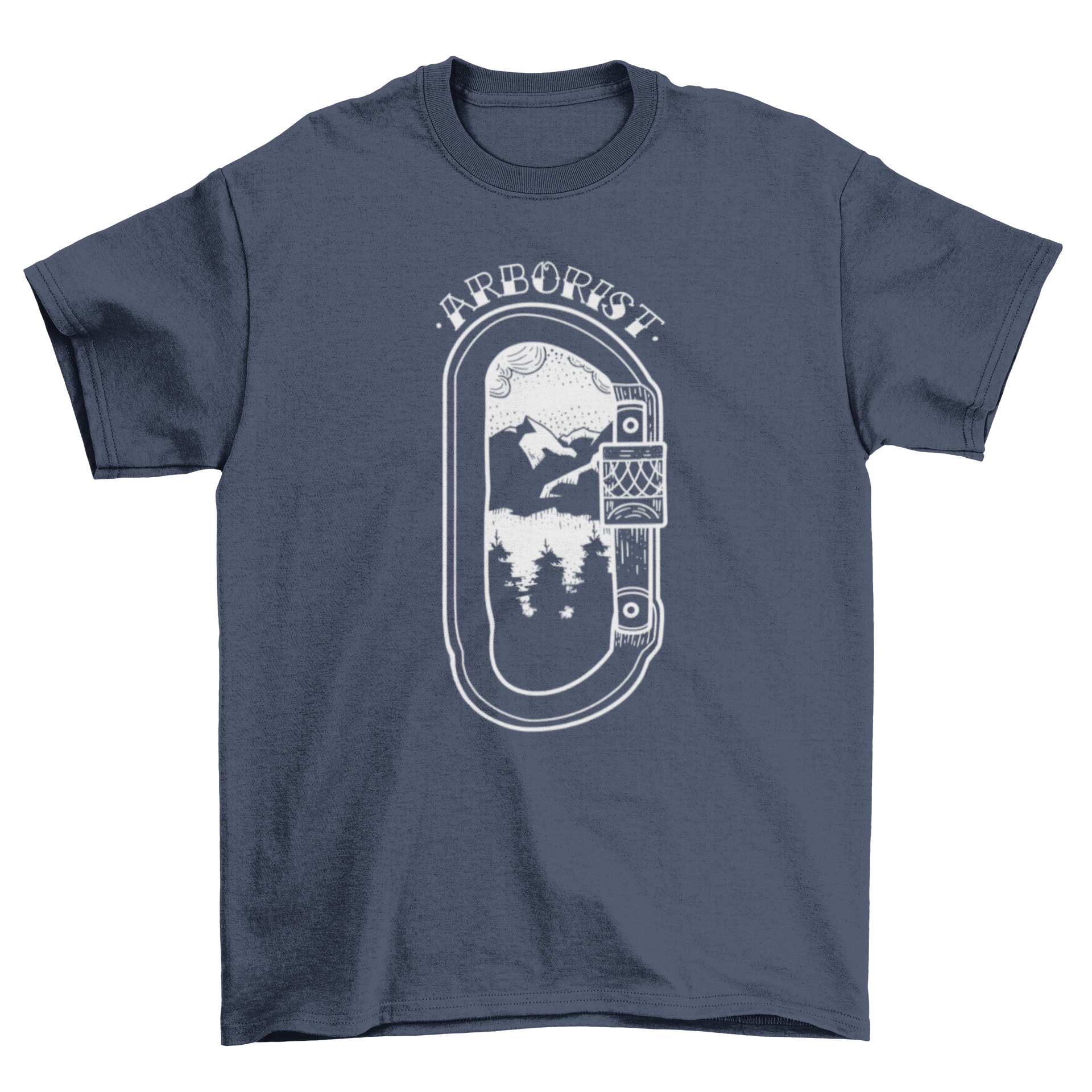 Mountain landscape climbing t-shirt featuring a carabiner and the quote 'Arborist' against a scenic mountain background.