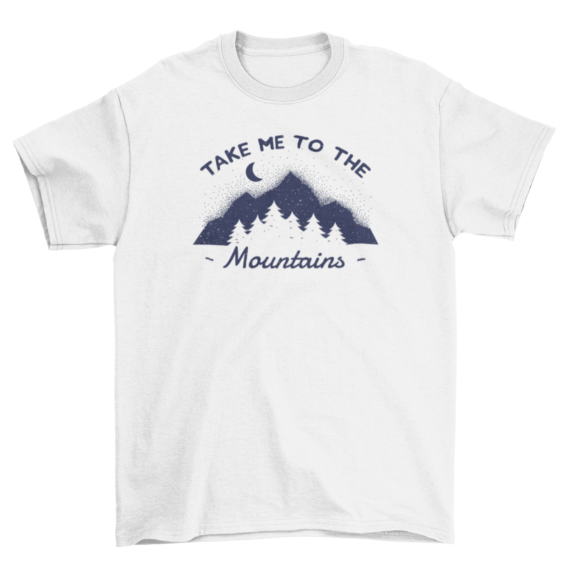 Mountain t-shirt featuring a grunge silhouette of mountains, moon, and pine trees with the caption 'Take me to the mountains'.