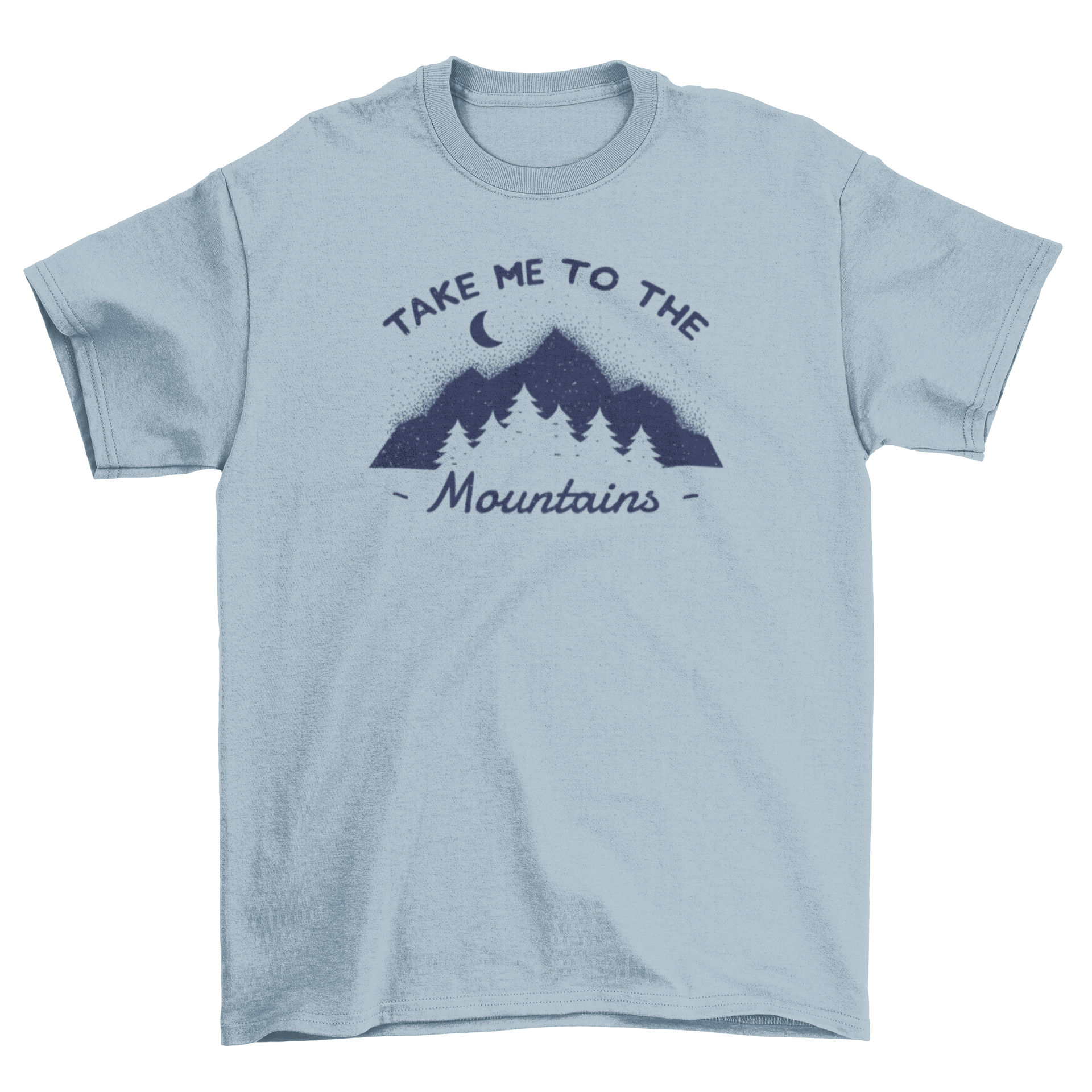 Mountain t-shirt featuring a grunge silhouette of mountains, moon, and pine trees with the caption 'Take me to the mountains'.
