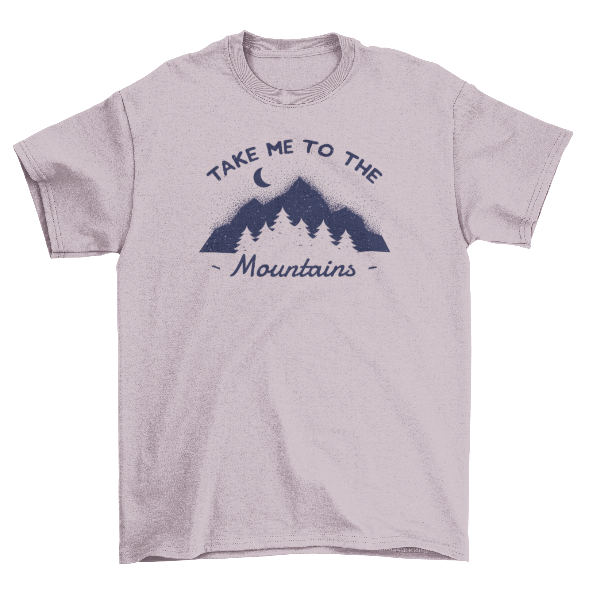 Mountain t-shirt featuring a grunge silhouette of mountains, moon, and pine trees with the caption 'Take me to the mountains'.